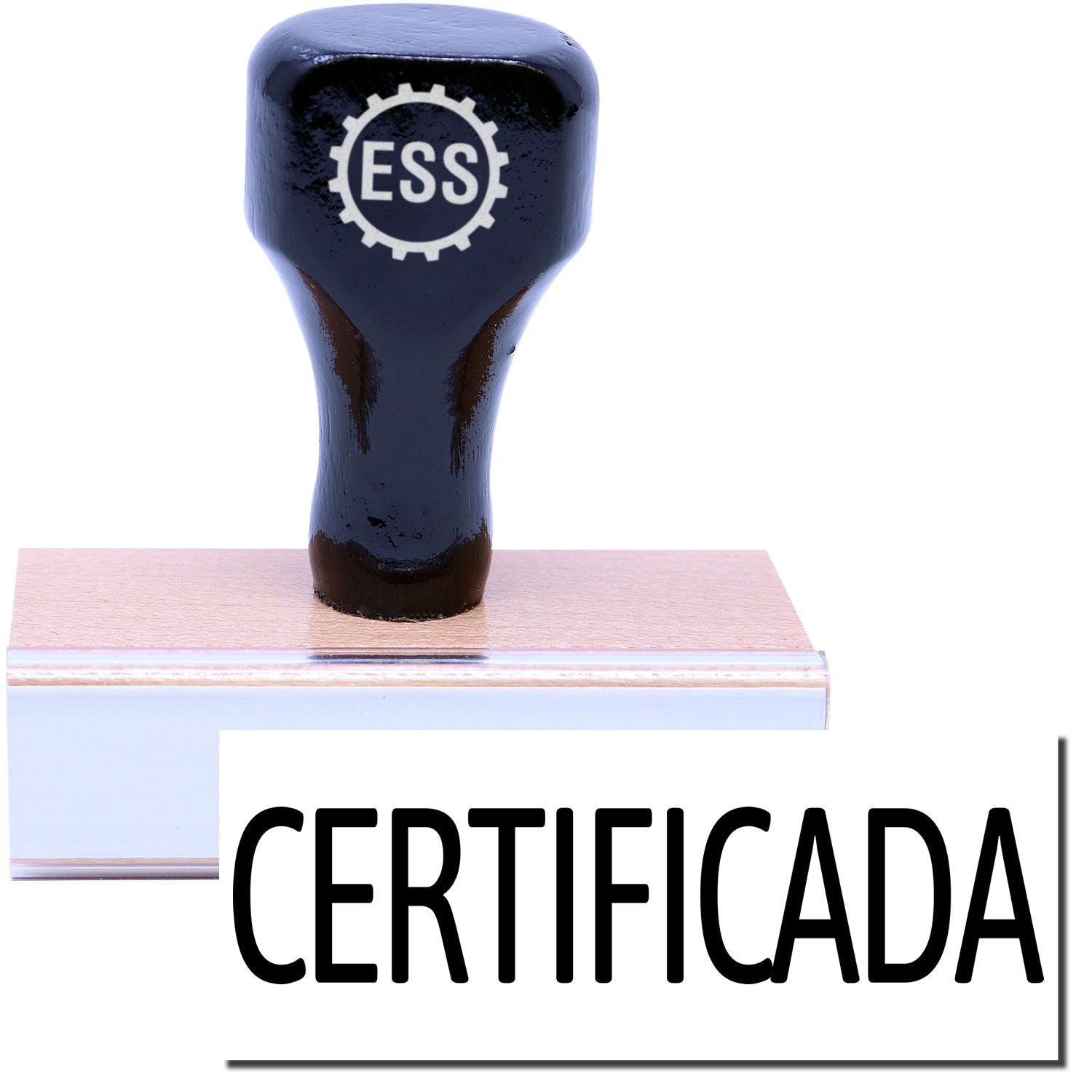 A stock office rubber stamp with a stamped image showing how the text CERTIFICADA is displayed after stamping.