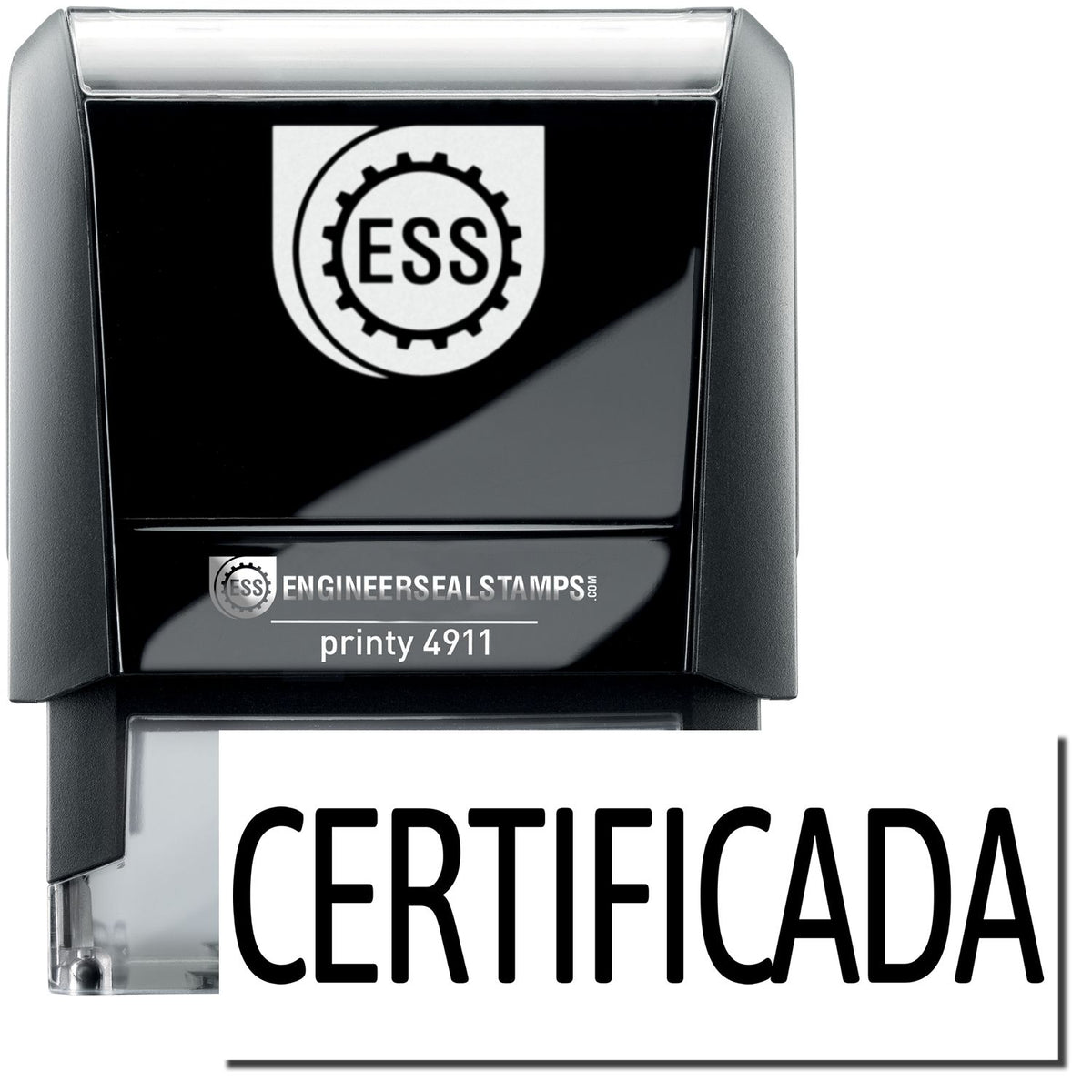 A self-inking stamp with a stamped image showing how the text &quot;CERTIFICADA&quot; is displayed after stamping.