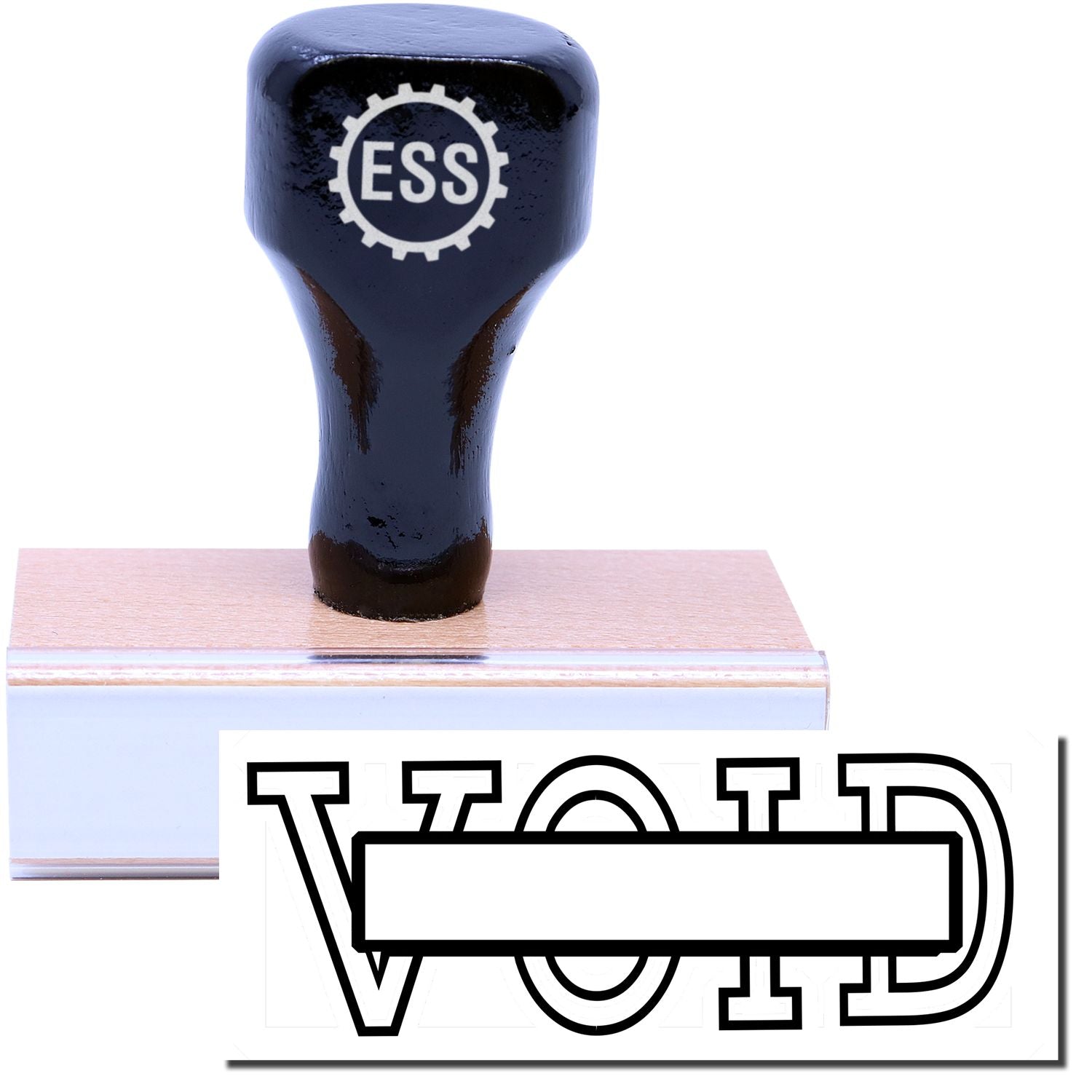 A stock office rubber stamp with a stamped image showing how the text "VOID" with a box in the center of the text is displayed after stamping.