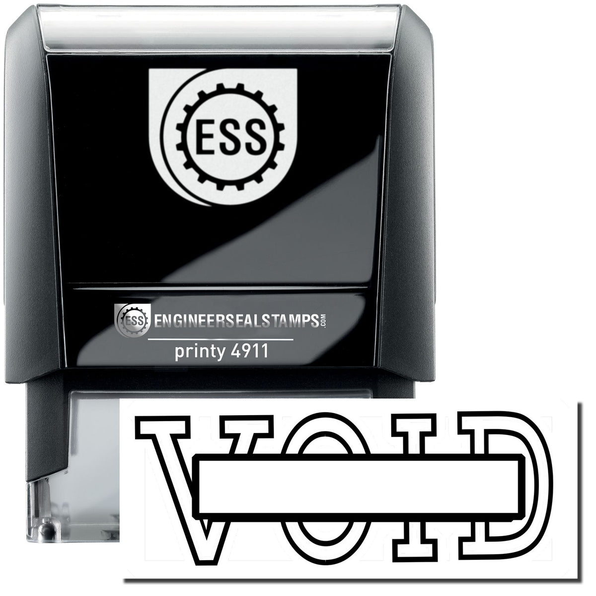 A self-inking stamp with a stamped image showing how the text &quot;VOID&quot; in an outline style with a box in the center of the text is displayed after stamping.