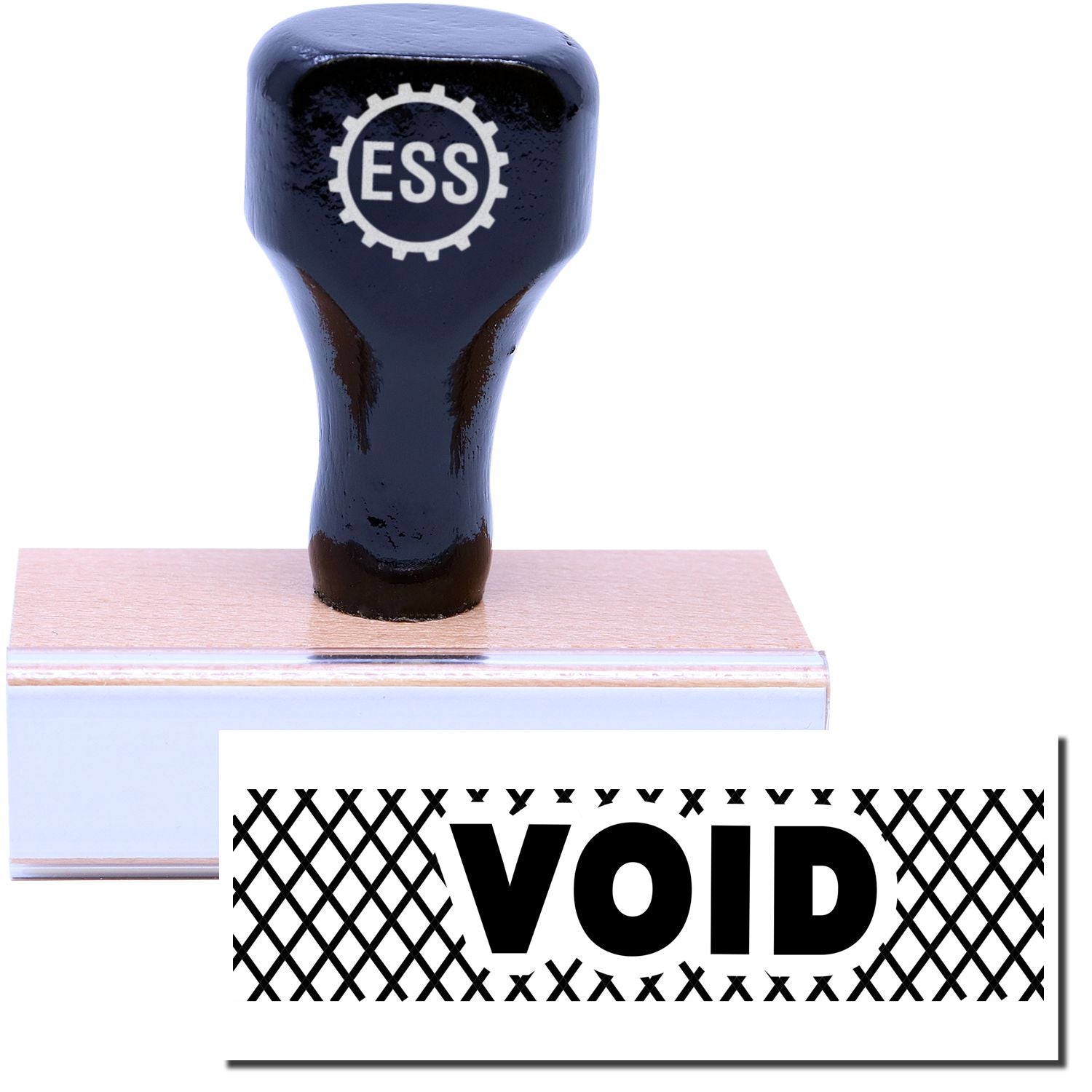 A stock office rubber stamp with a stamped image showing how the text VOID with strikelines all around the text is displayed after stamping.