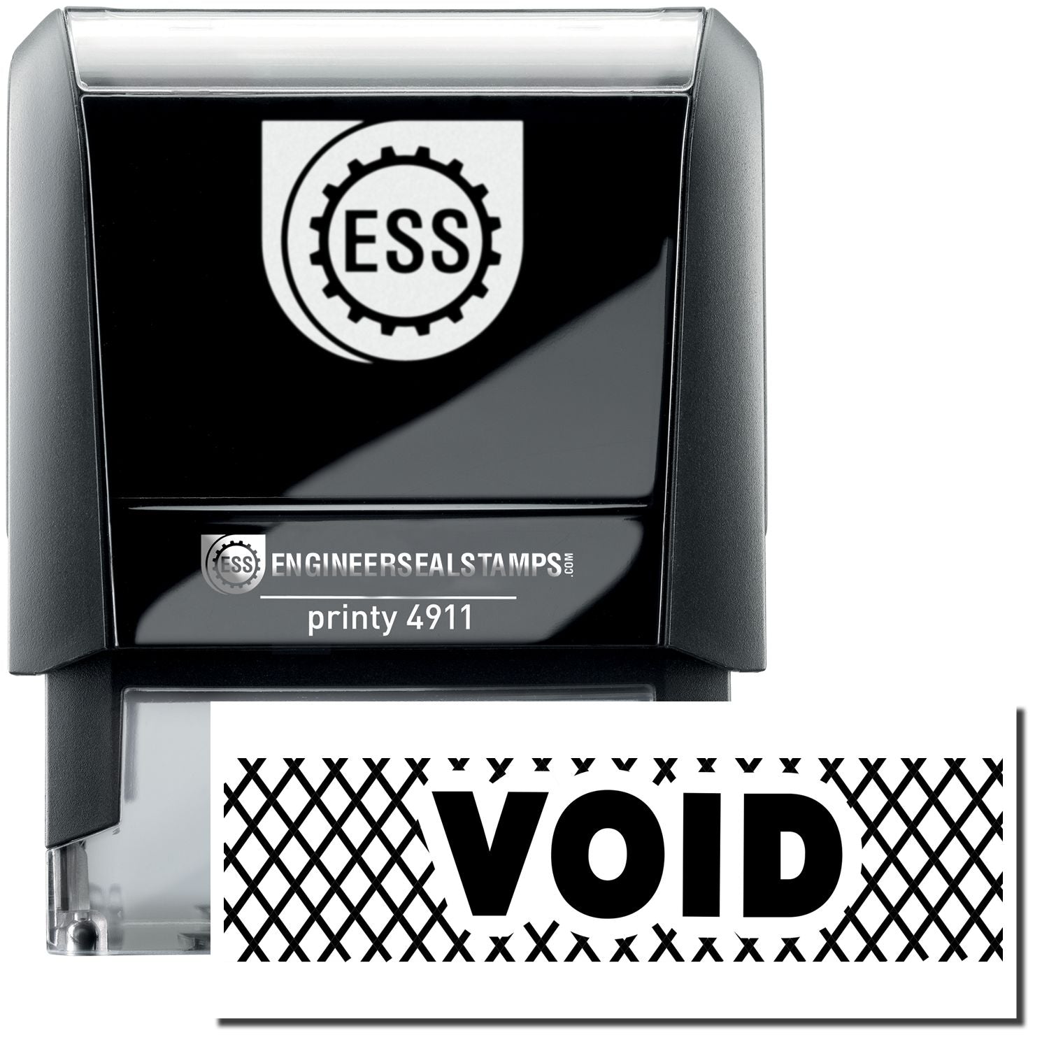 A self-inking stamp with a stamped image showing how the text "VOID" with strikelines around it is displayed after stamping.