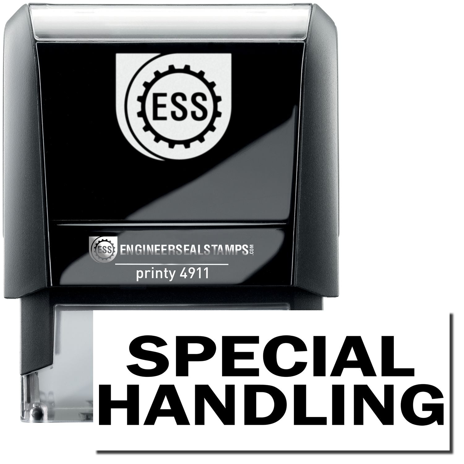 A self-inking stamp with a stamped image showing how the text SPECIAL HANDLING is displayed after stamping.