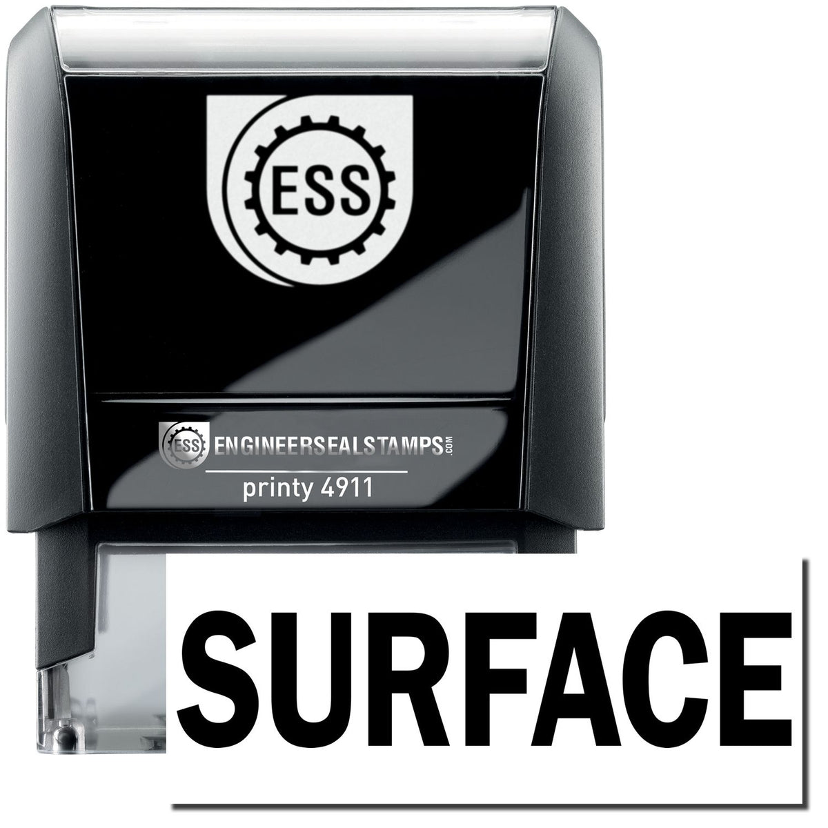 A self-inking stamp with a stamped image showing how the text &quot;SURFACE&quot; is displayed after stamping.