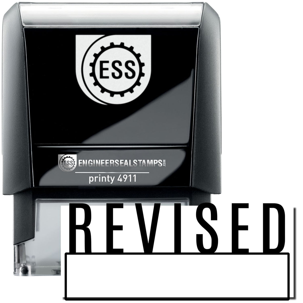 A self-inking stamp with a stamped image showing how the text &quot;REVISED&quot; with a box under it is displayed after stamping.