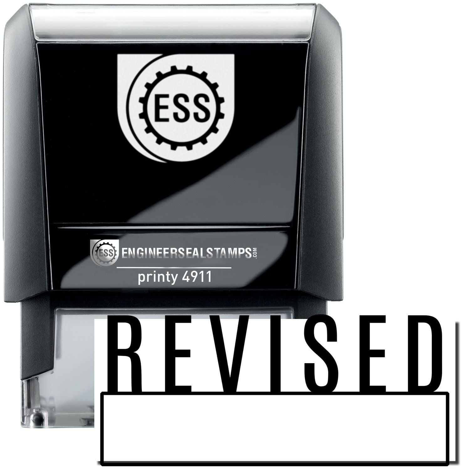 A self-inking stamp with a stamped image showing how the text "REVISED" with a box under it is displayed after stamping.