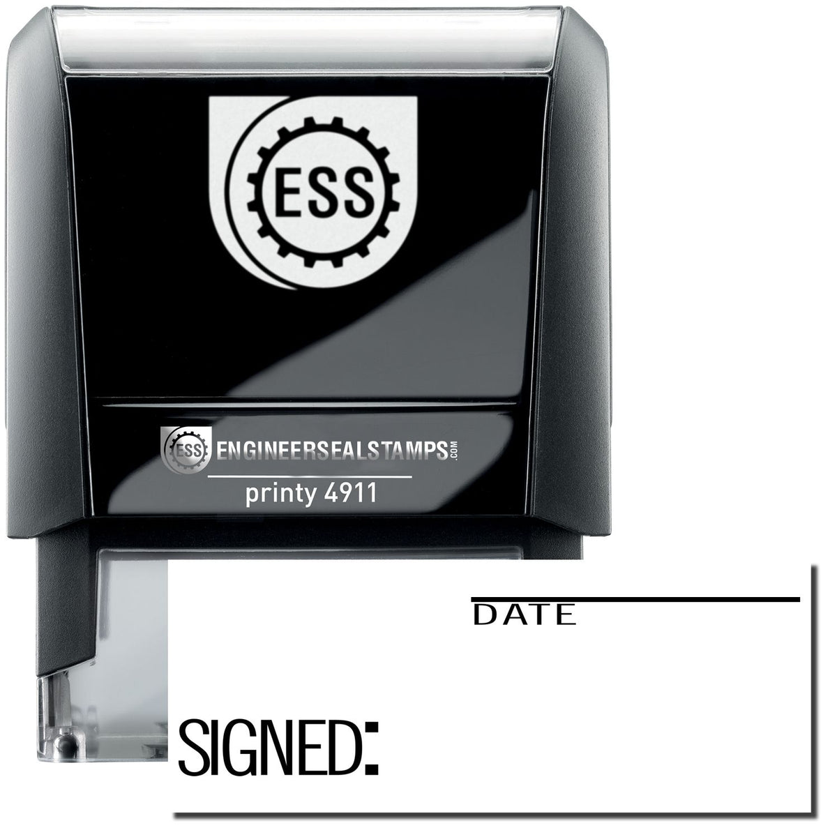 A self-inking stamp with a stamped image showing how the text &quot;SIGNED:&quot; in the left down position and &quot;DATE&quot; in the right top position (with a line above it) is displayed after stamping.