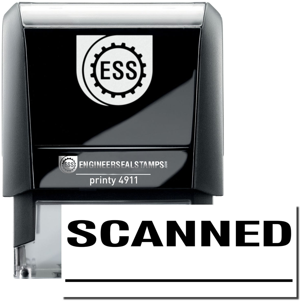 A self-inking stamp with a stamped image showing how the text &quot;SCANNED&quot; with a line under it is displayed after stamping.
