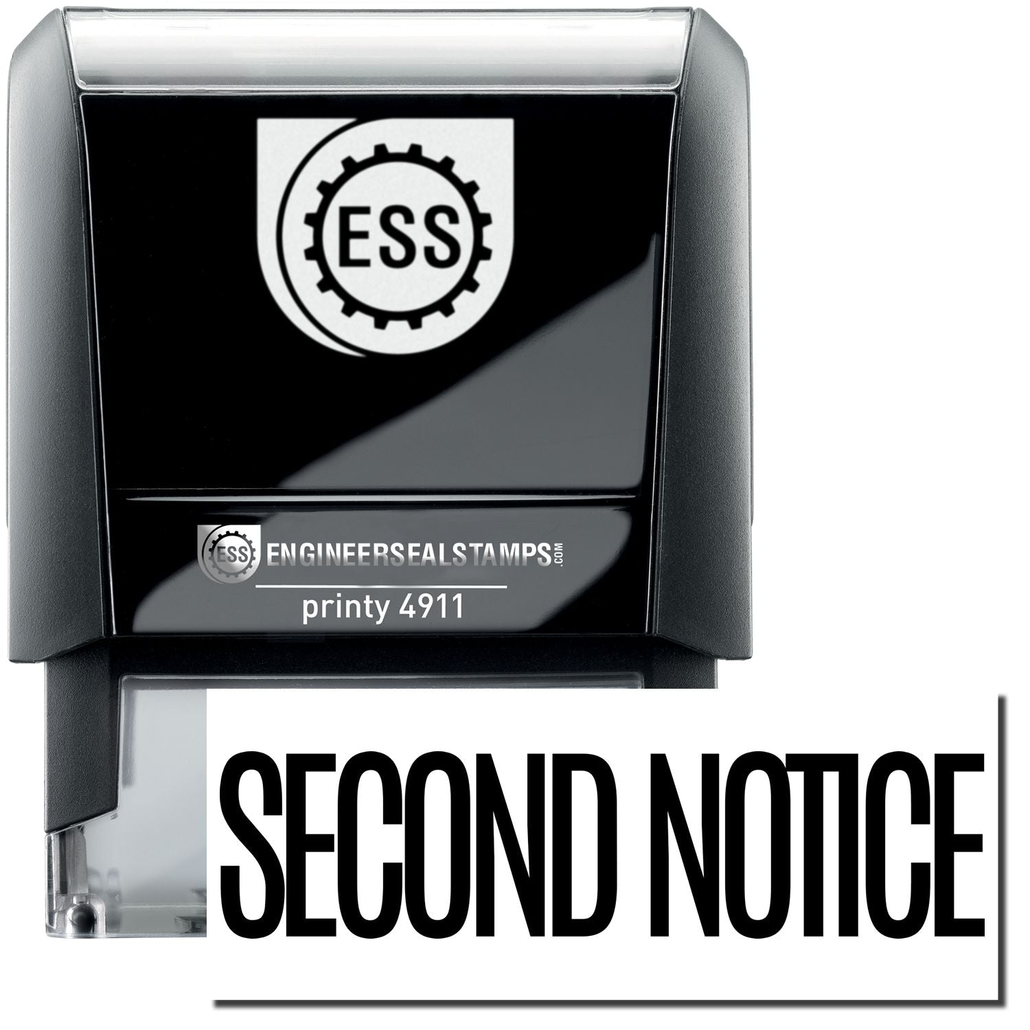 A self-inking stamp with a stamped image showing how the text "SECOND NOTICE" in a narrow font is displayed after stamping.