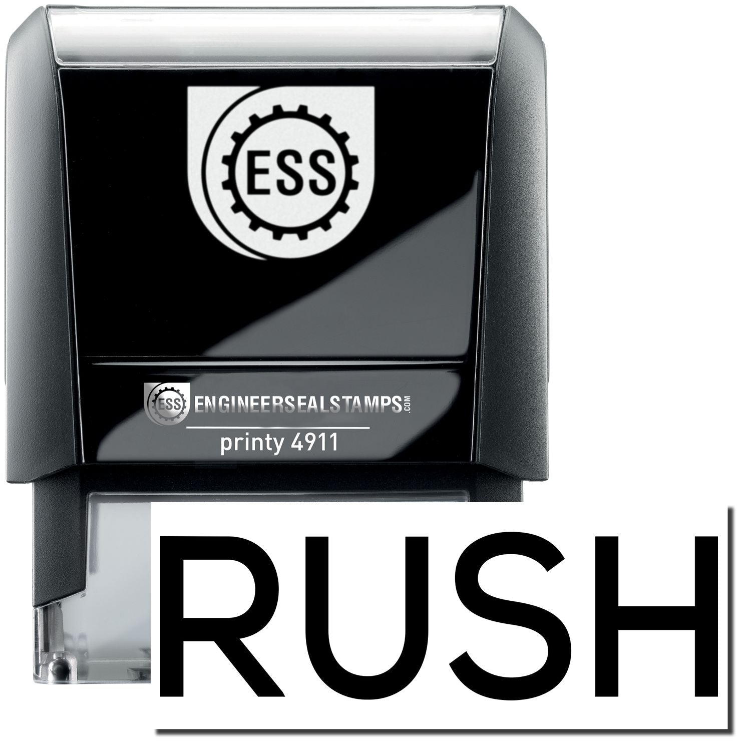 A self-inking stamp with a stamped image showing how the text RUSH in a skinny font is displayed after stamping.