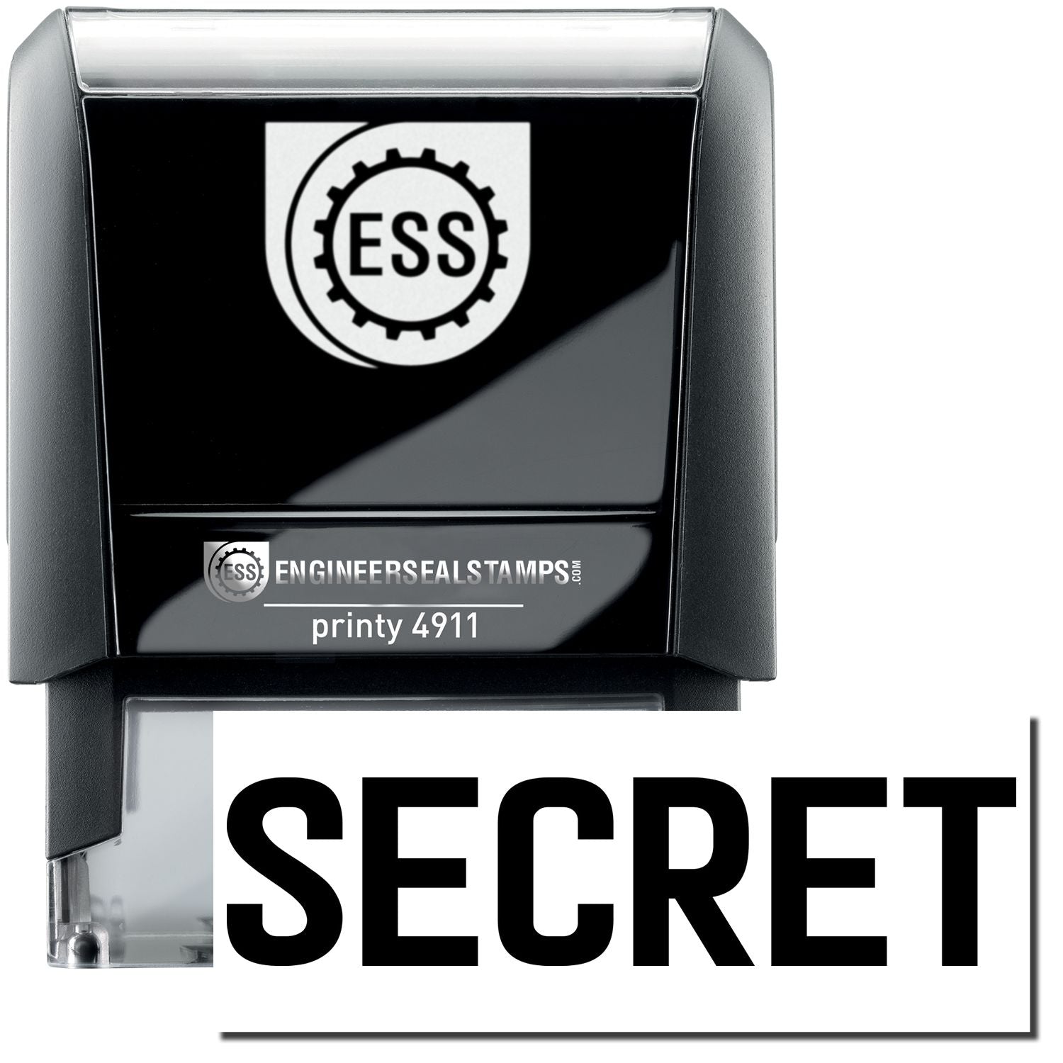 A self-inking stamp with a stamped image showing how the text SECRET is displayed after stamping.