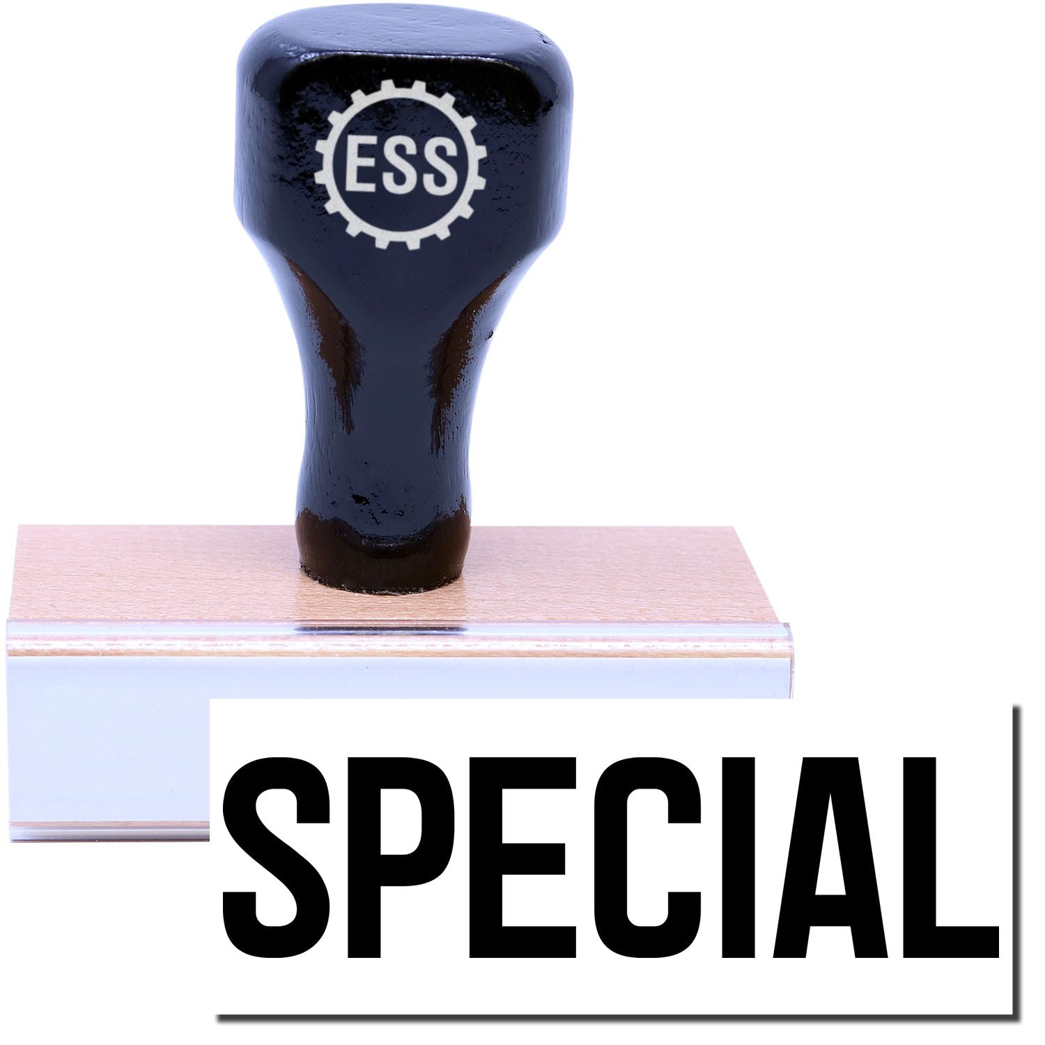 A stock office rubber stamp with a stamped image showing how the text SPECIAL is displayed after stamping.