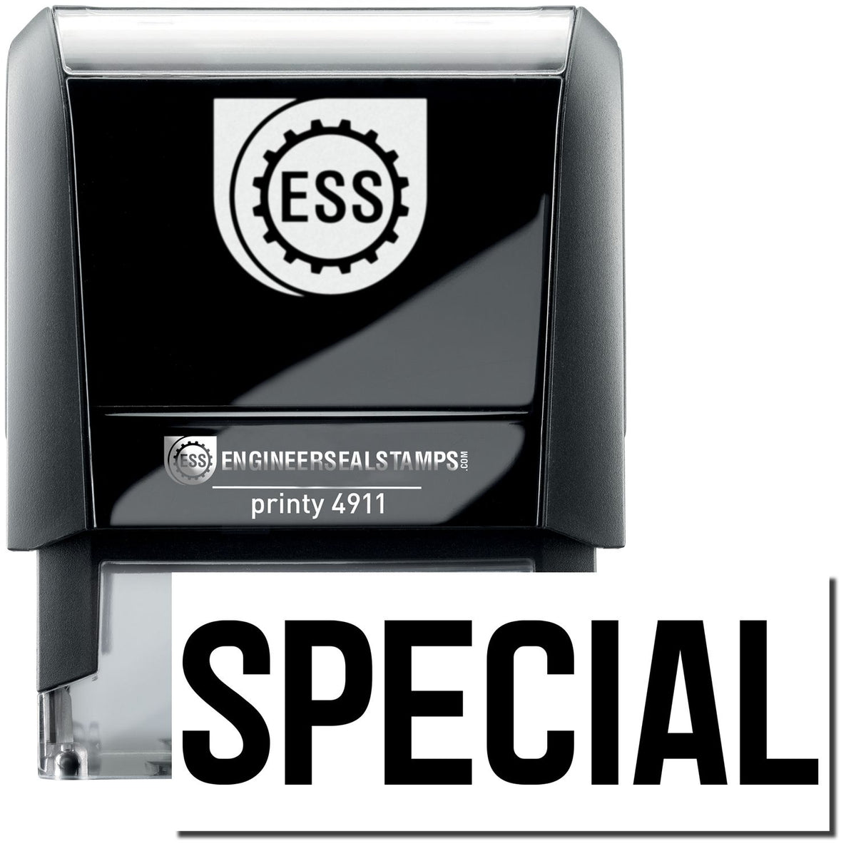 A self-inking stamp with a stamped image showing how the text &quot;SPECIAL&quot; is displayed after stamping.