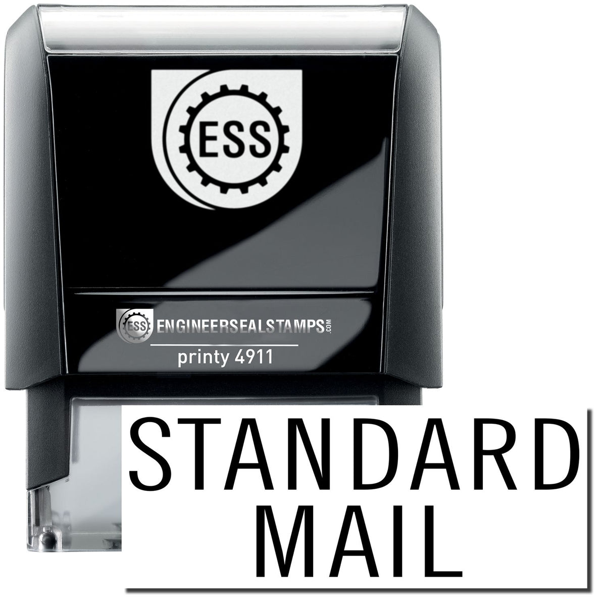 A self-inking stamp with a stamped image showing how the text &quot;STANDARD MAIL&quot; in a stacked concept (takes up two lines) is displayed after stamping.