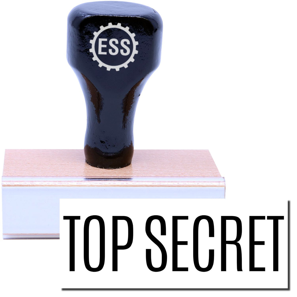 A stock office rubber stamp with a stamped image showing how the text &quot;TOP SECRET&quot; is displayed after stamping.