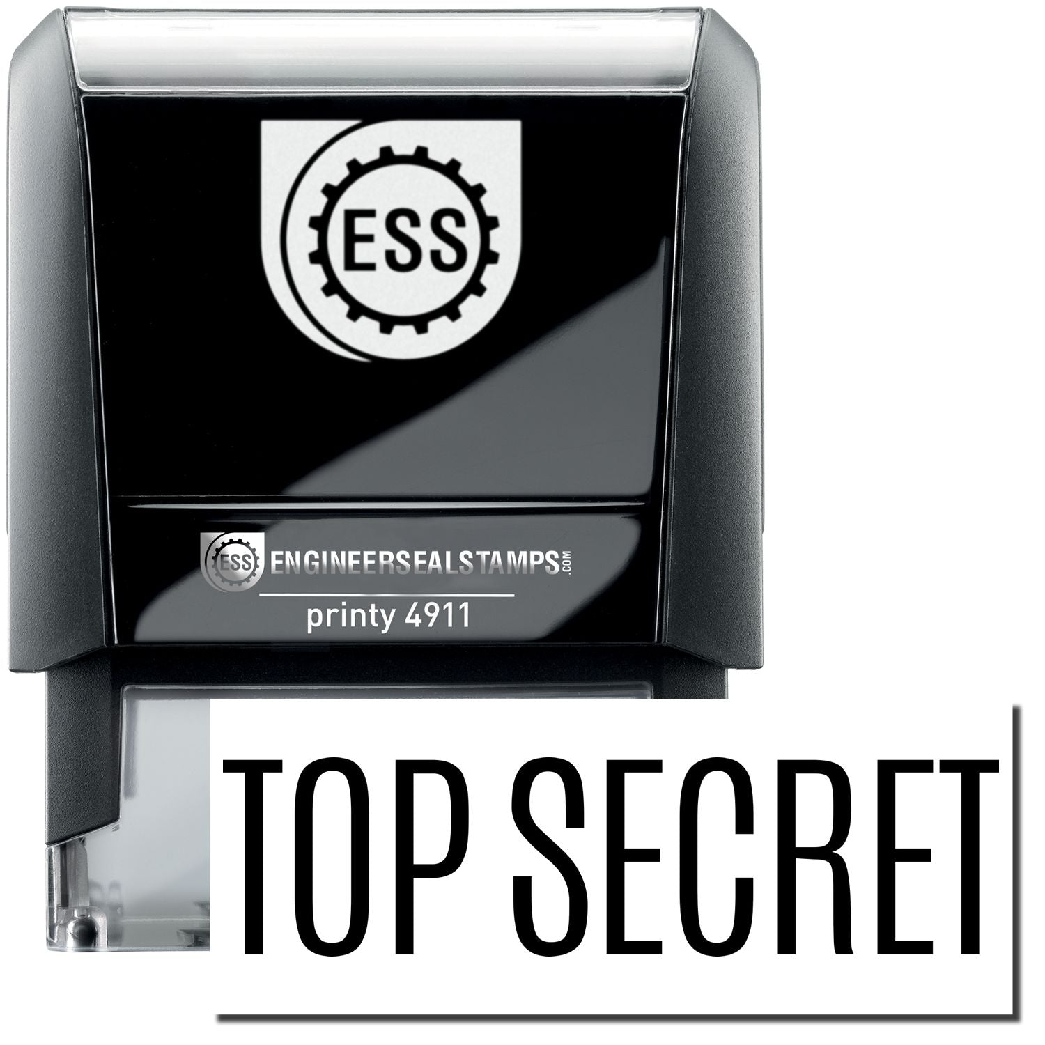 A self-inking stamp with a stamped image showing how the text TOP SECRET is displayed after stamping.