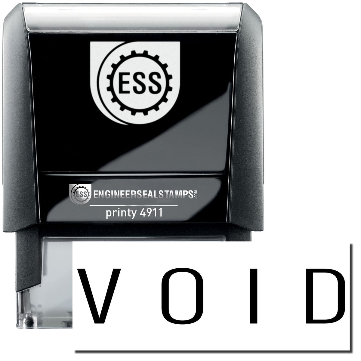 A self-inking stamp with a stamped image showing how the text &quot;V O I D&quot; in a narrow font is displayed after stamping.