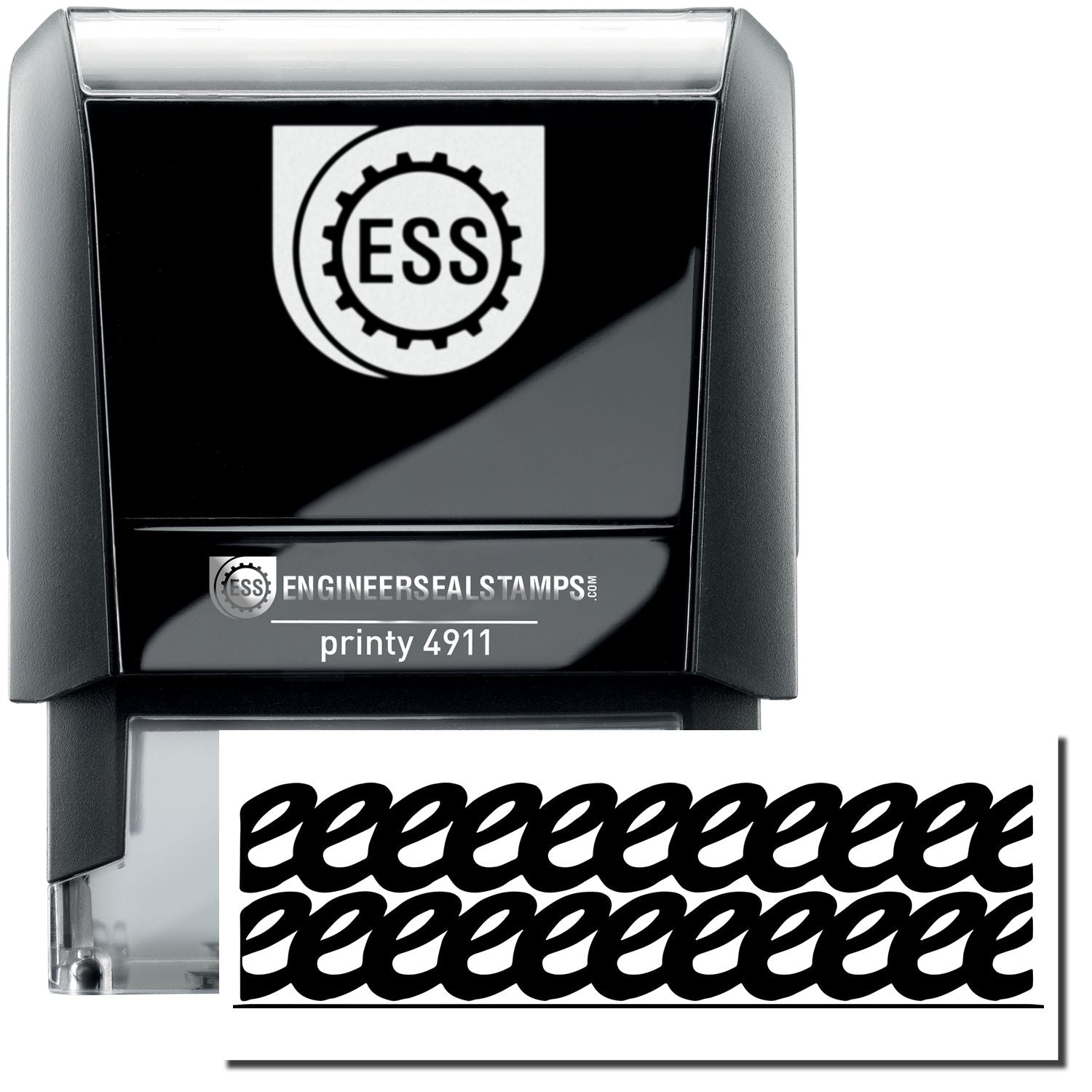 A self-inking stamp with a stamped image showing how a curly design image from this Strikeout stamp will easily remove all evidence of what is behind it.
