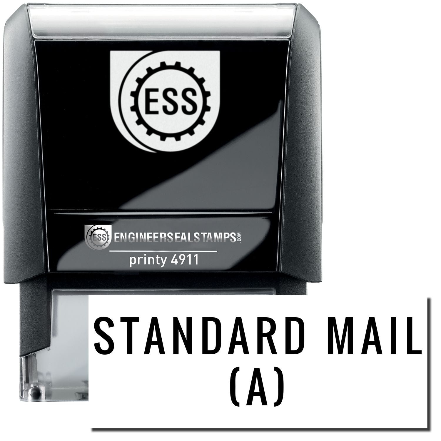 A self-inking stamp with a stamped image showing how the text STANDARD MAIL (A) is displayed after stamping.