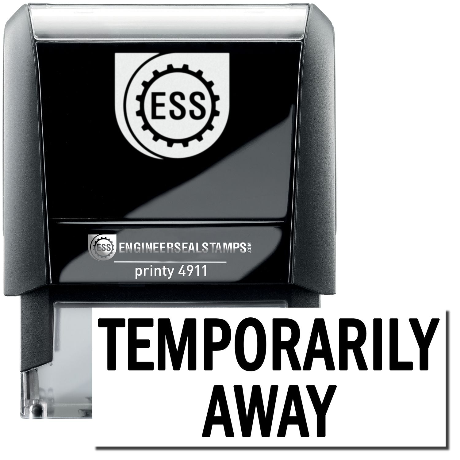 A self inking stamp with a stamped image showing how the text TEMPORARILY AWAY is displayed after stamping.