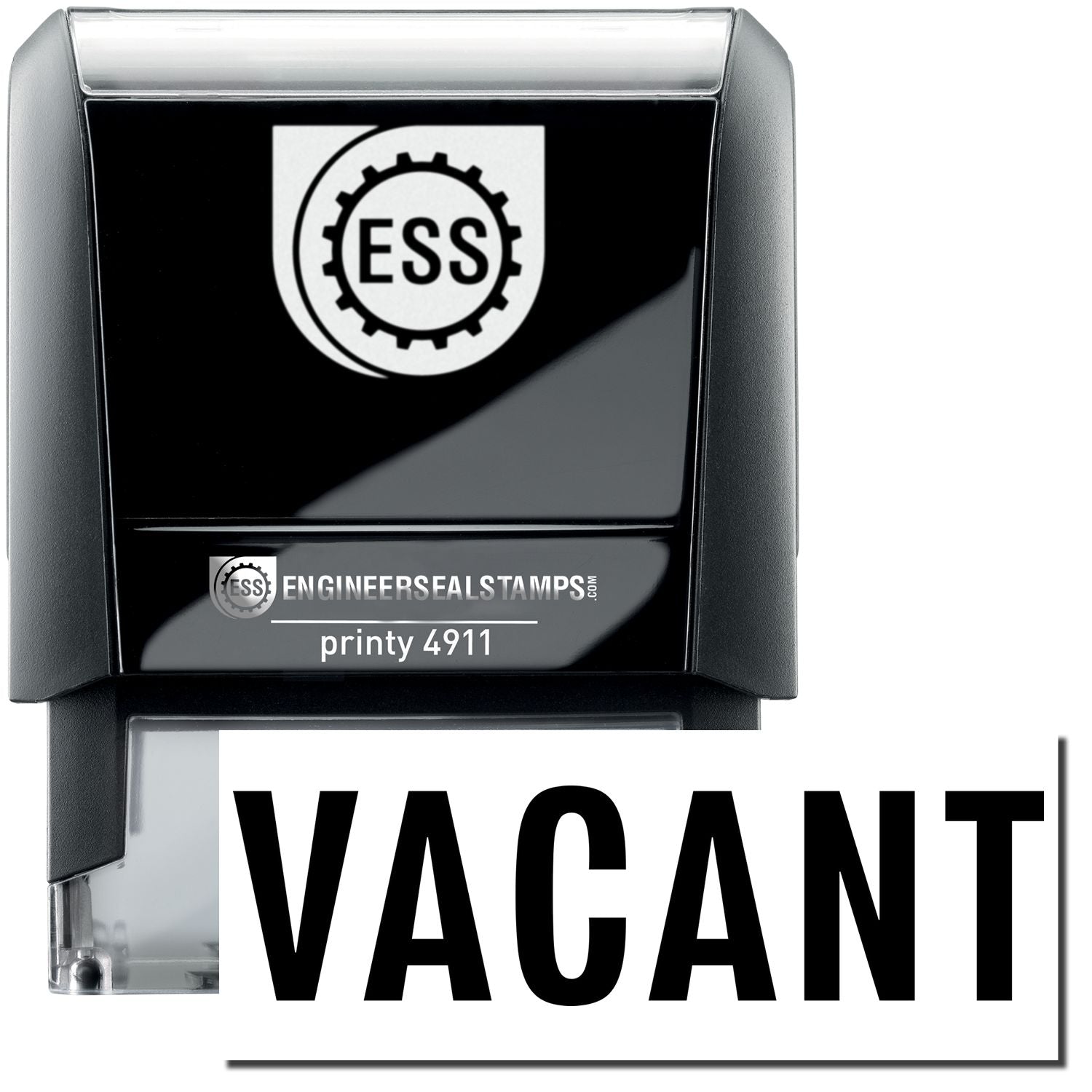 A self-inking stamp with a stamped image showing how the text "VACANT" is displayed after stamping.