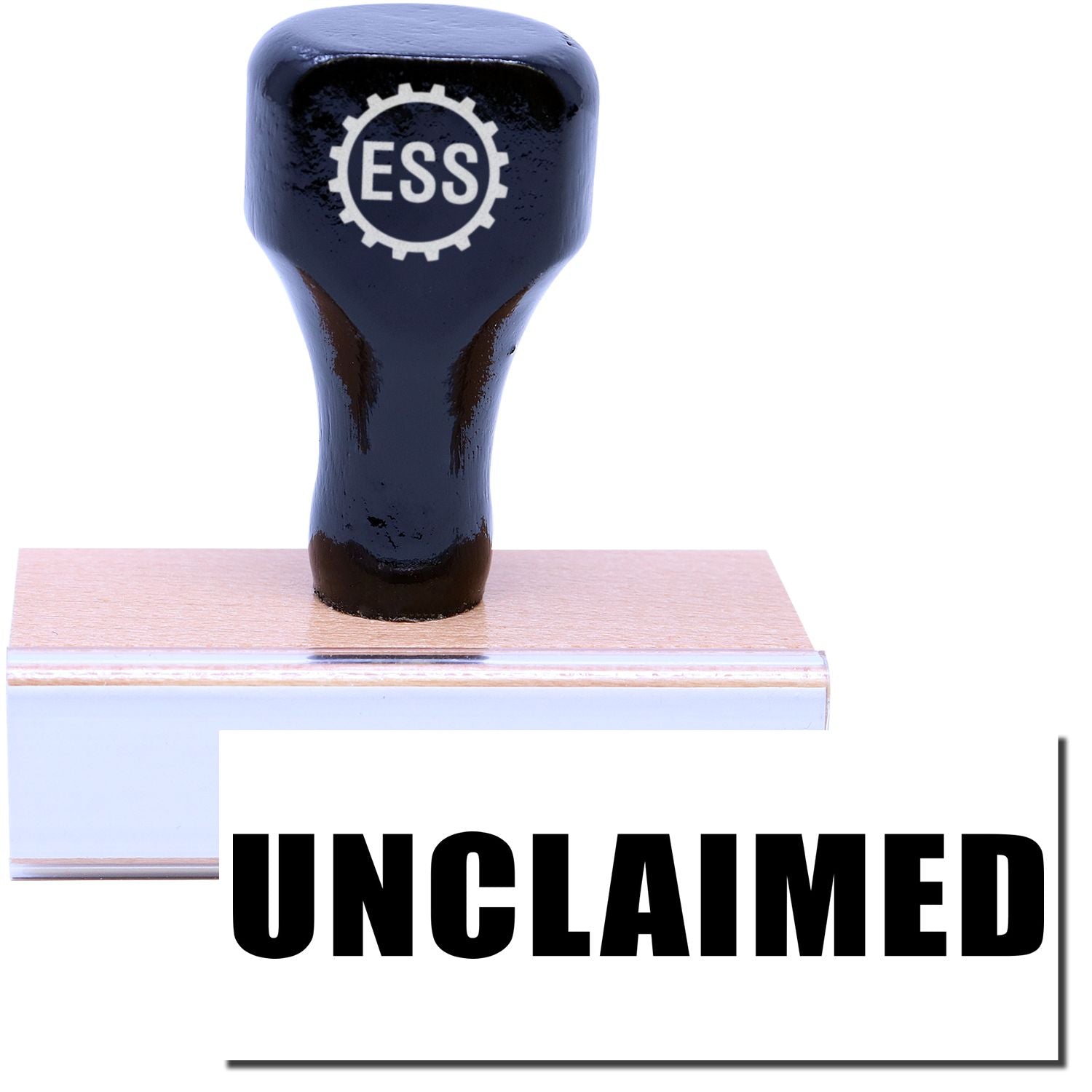 A stock office rubber stamp with a stamped image showing how the text UNCLAIMED is displayed after stamping.