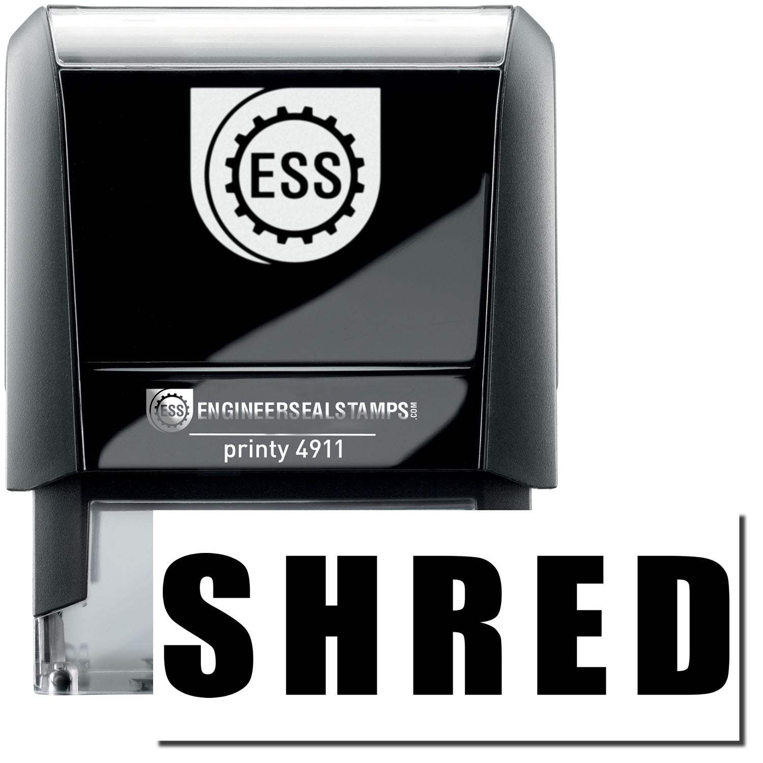 A self-inking stamp with a stamped image showing how the text "SHRED" in bold font is displayed after stamping.
