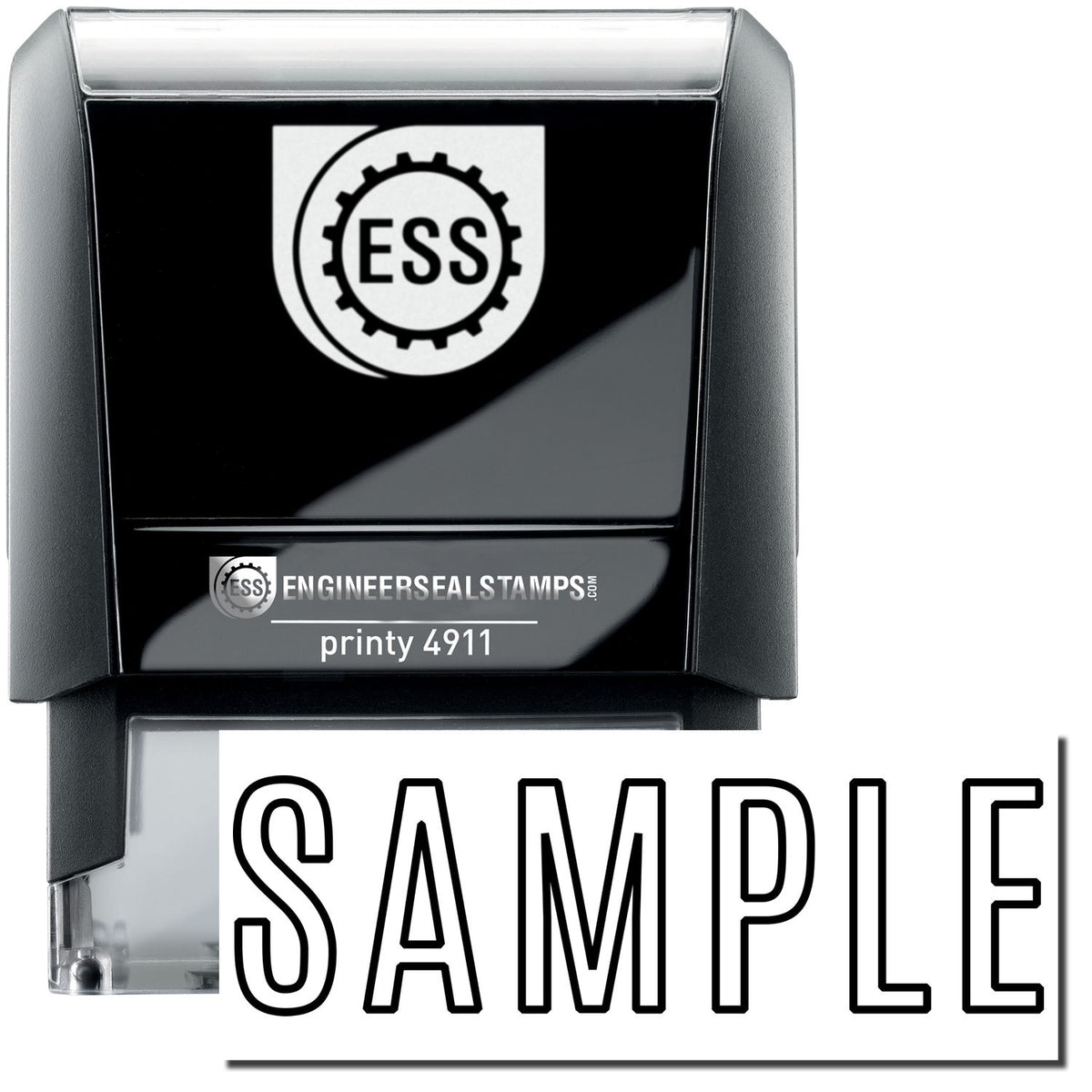 A self-inking stamp with a stamped image showing how the text &quot;SAMPLE&quot; in an outline style is displayed after stamping.