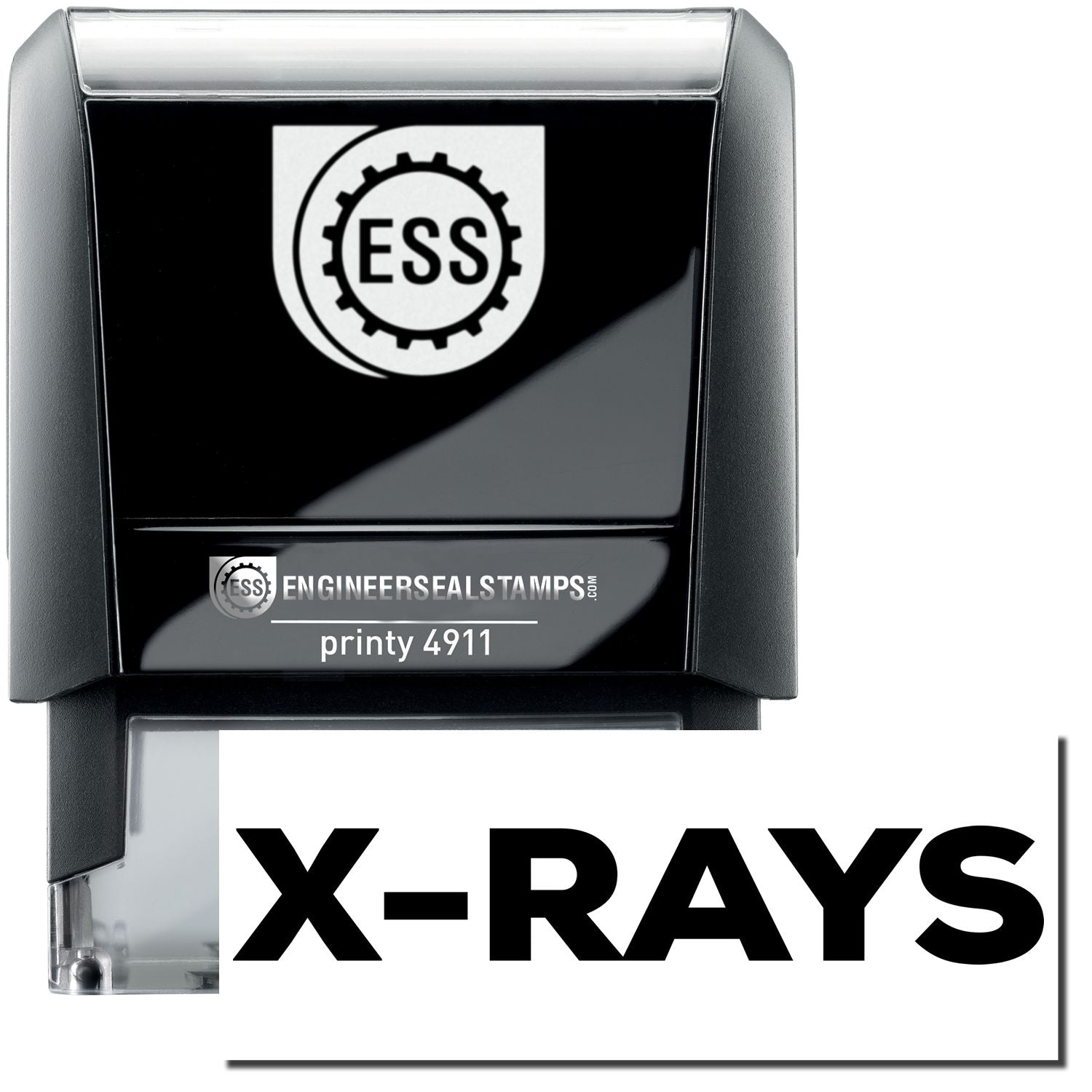 A self-inking stamp with a stamped image showing how the text "X-RAYS" in bold font is displayed after stamping.