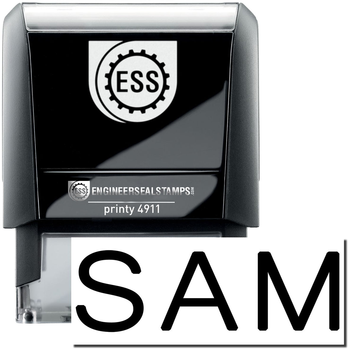 A self-inking stamp with a stamped image showing how the text &quot;SAM&quot; is displayed after stamping.
