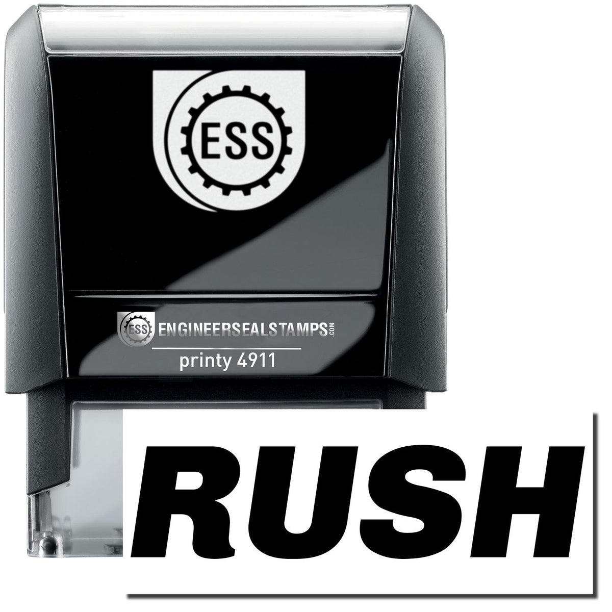 A self-inking stamp with a stamped image showing how the text &quot;RUSH&quot; in an italic font is displayed after stamping.