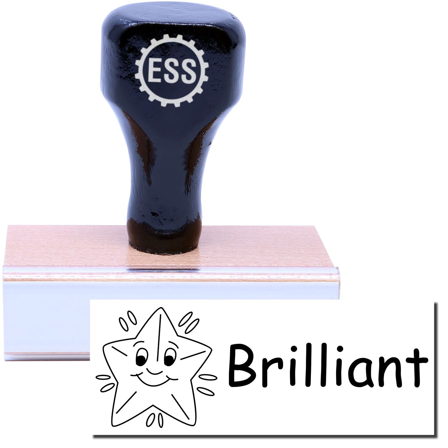 A stock office rubber stamp with a stamped image showing how the text "Brilliant" with a graphic of a smiling shining star is displayed after stamping.