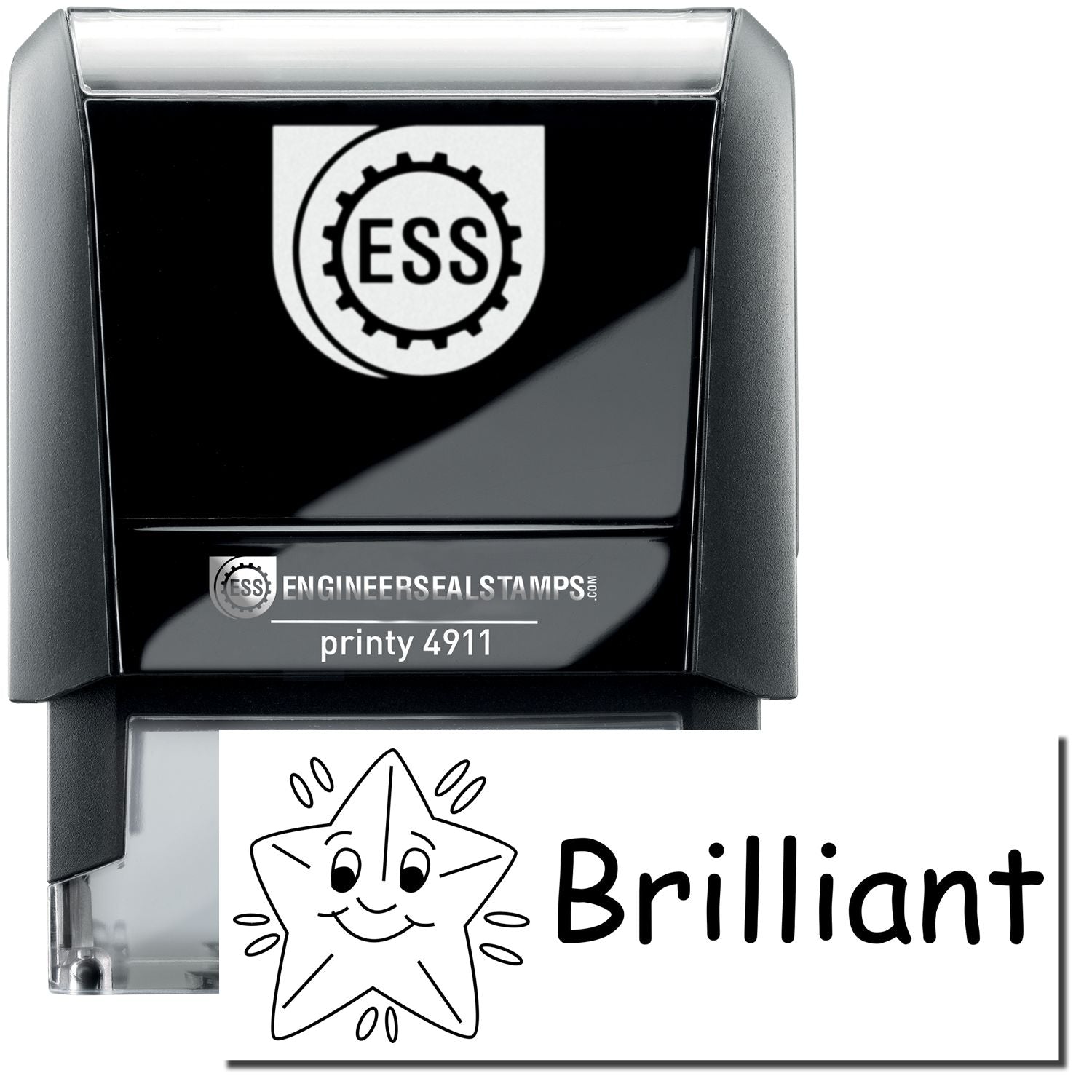 A self-inking stamp with a stamped image showing how the text Brilliant with a graphic of a shining star with a smile next to the text is displayed after stamping.