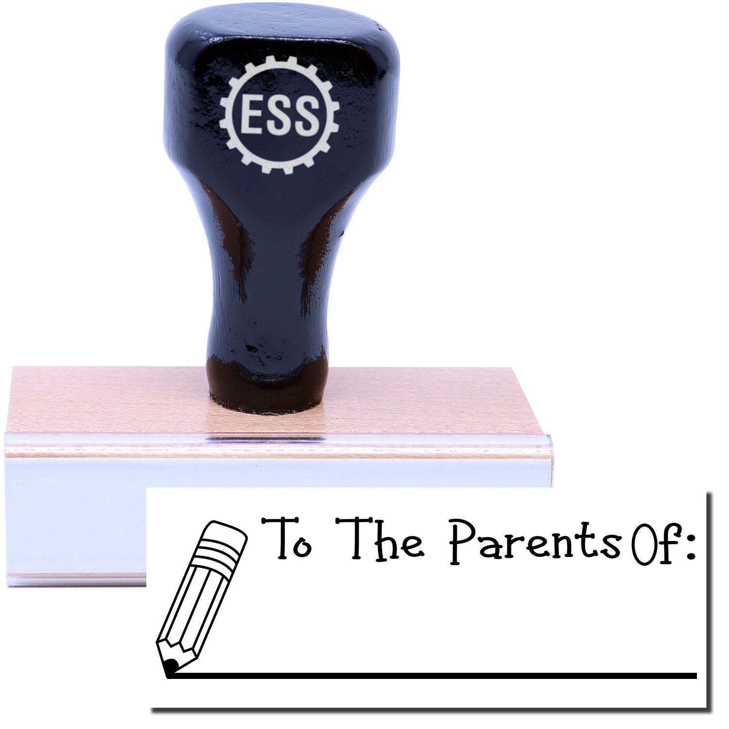 A stock office rubber stamp with a stamped image showing how the text To The Parents Of in a vibrant font with a line underneath and a pencil image is displayed after stamping.