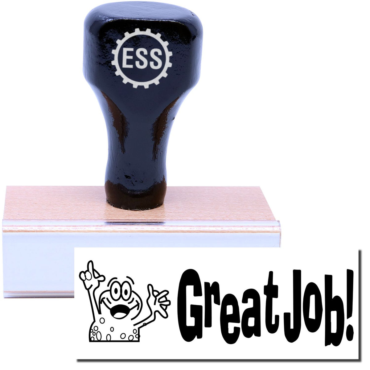 A stock office rubber stamp with a stamped image showing how the text &quot;Great Job!&quot; with an adorable frog with its hand up in the air is displayed after stamping.