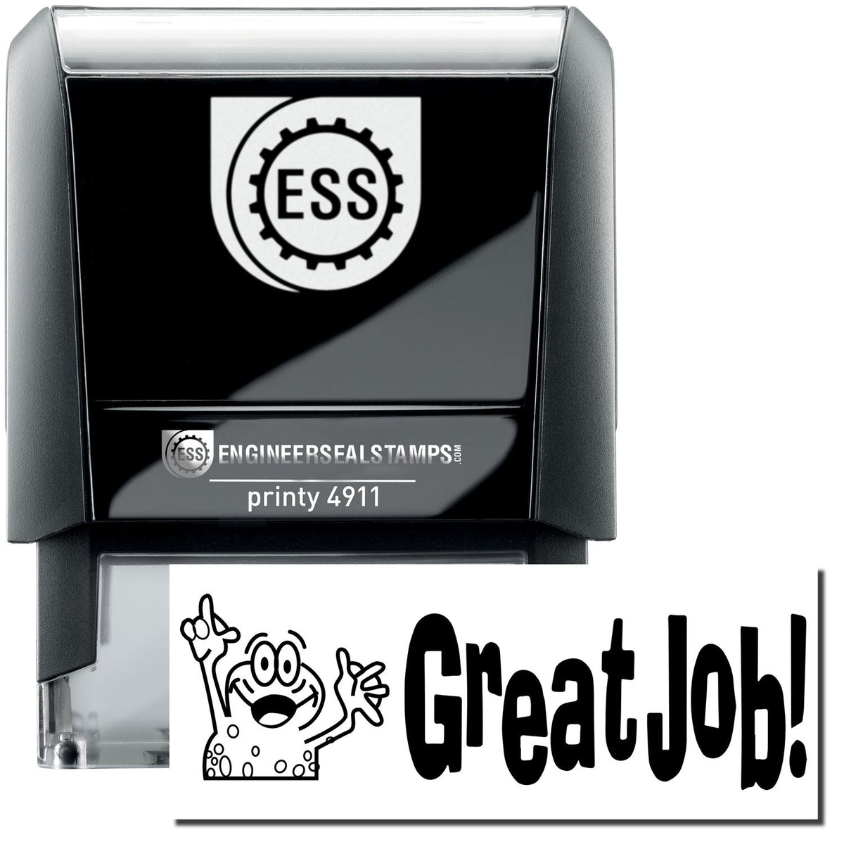 A self-inking stamp with a stamped image showing how the text &quot;Great Job!&quot; with an image of a frog with its hand up in the air is displayed after stamping.