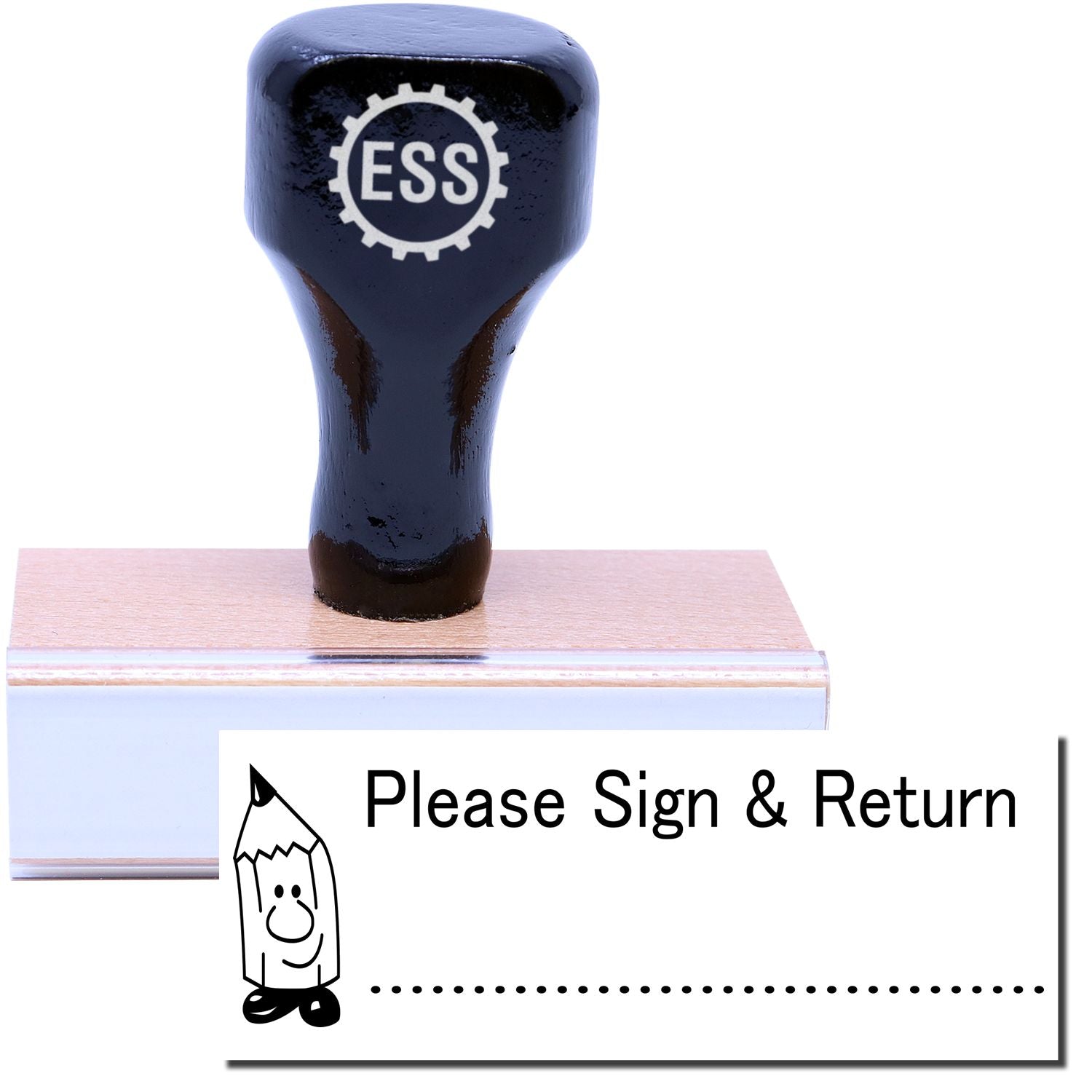 A stock office rubber stamp with a stamped image showing how the text "Please Sign & Return" with an image of a sharpened pencil and a dotted line underneath is displayed after stamping.