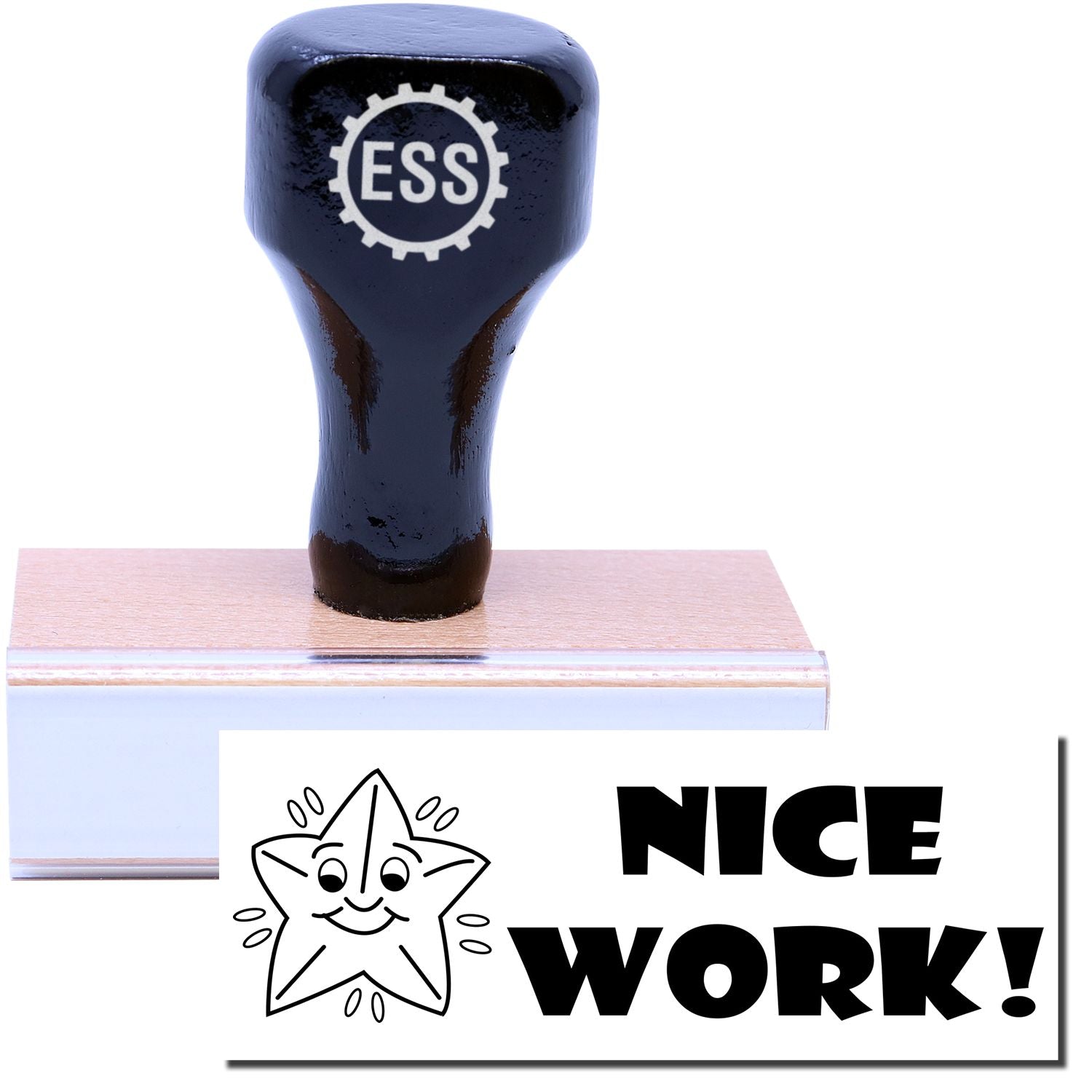 A stock office rubber stamp with a stamped image showing how the text NICE WORK! in bold font and a smiling starfish image is displayed after stamping.