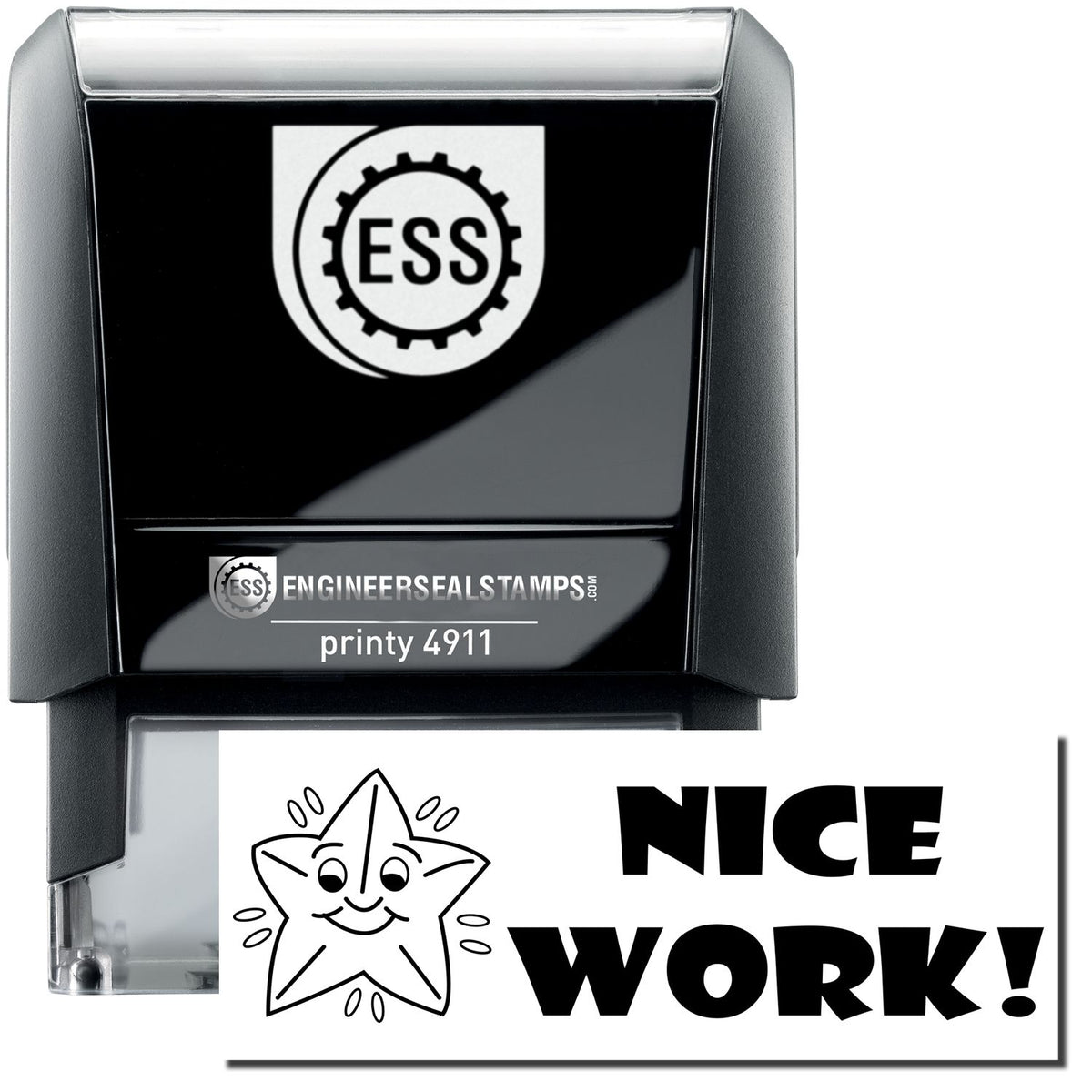 A self-inking stamp with a stamped image showing how the text &quot;Nice Work!&quot; in a bold font with an image of a starfish with a smile on the left side is displayed after stamping.