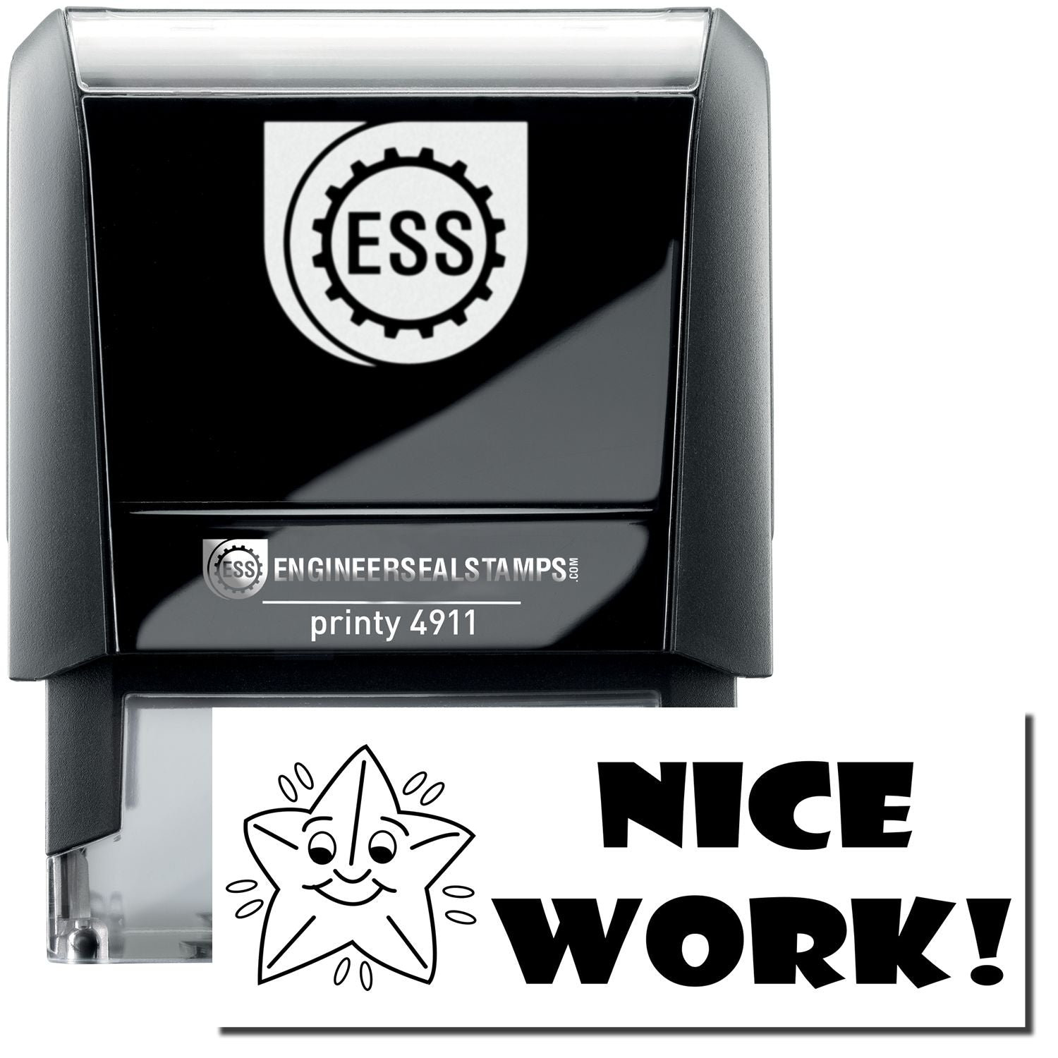 A self-inking stamp with a stamped image showing how the text "Nice Work!" in a bold font with an image of a starfish with a smile on the left side is displayed after stamping.