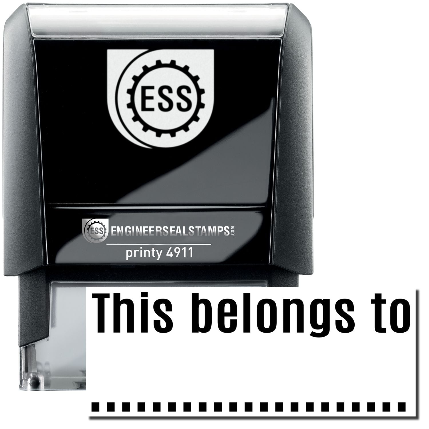 A self-inking stamp with a stamped image showing how the text "This belongs to" with a dotted line underneath is displayed after stamping.