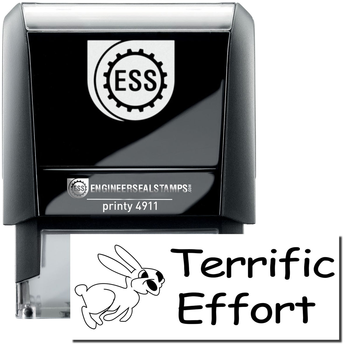 A self-inking stamp with a stamped image showing how the text &quot;Terrific Effort&quot; in an impactful bold font with an image of a hopping rabbit on the left side is displayed after stamping.