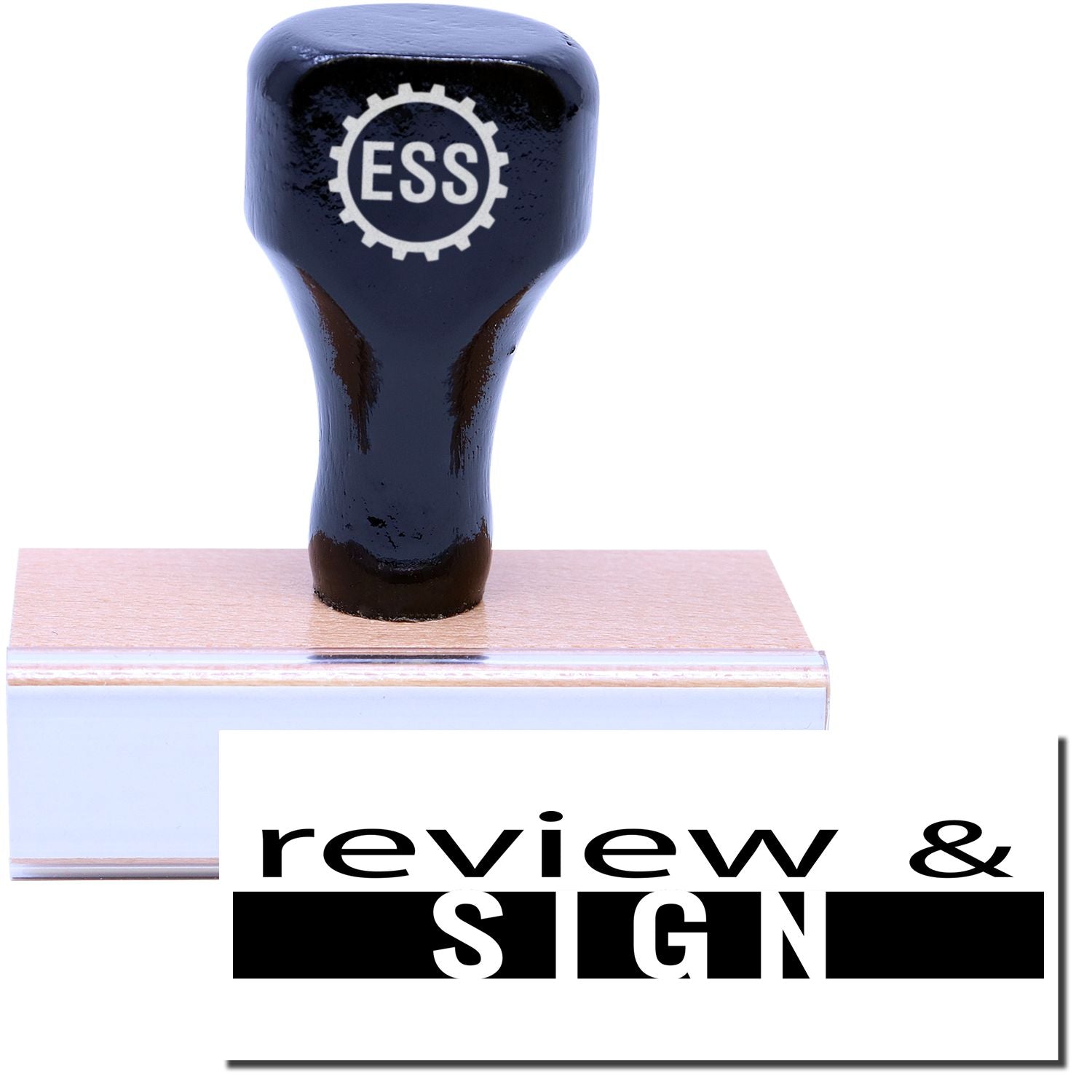 A stock office rubber stamp with a stamped image showing how the text "review & SIGN" in a bold font and dual-colored marking is displayed after stamping.