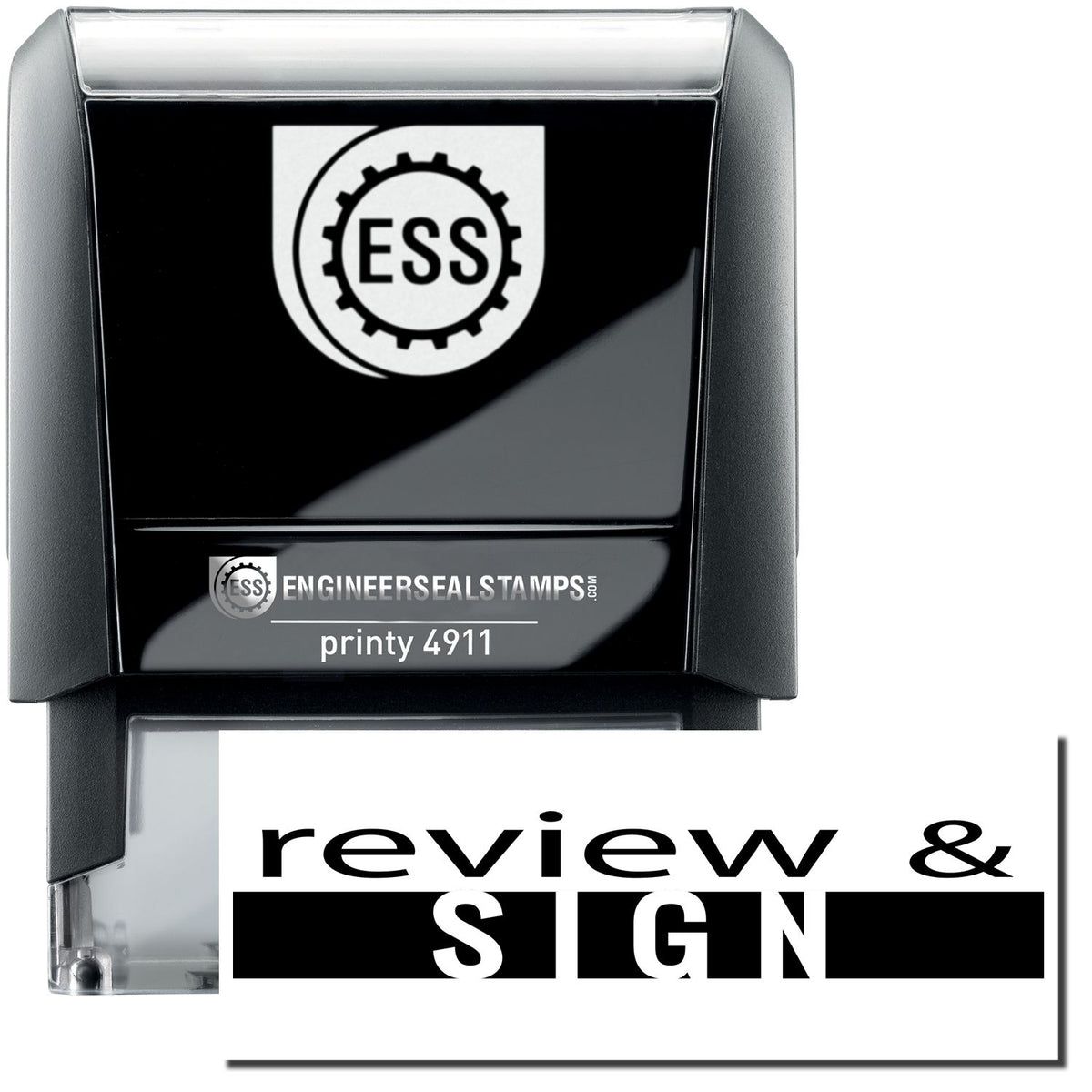A self-inking stamp with a stamped image showing how the text &quot;review &amp; SIGN&quot; in a bold font with a dual-colored marking is displayed after stamping.