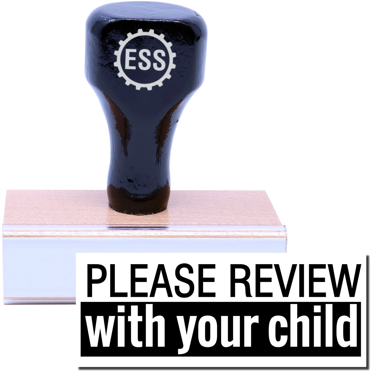 A stock office rubber stamp with a stamped image showing how the text "PLEASE REVIEW with your child" in a bold font and dual-colored marking is displayed after stamping.