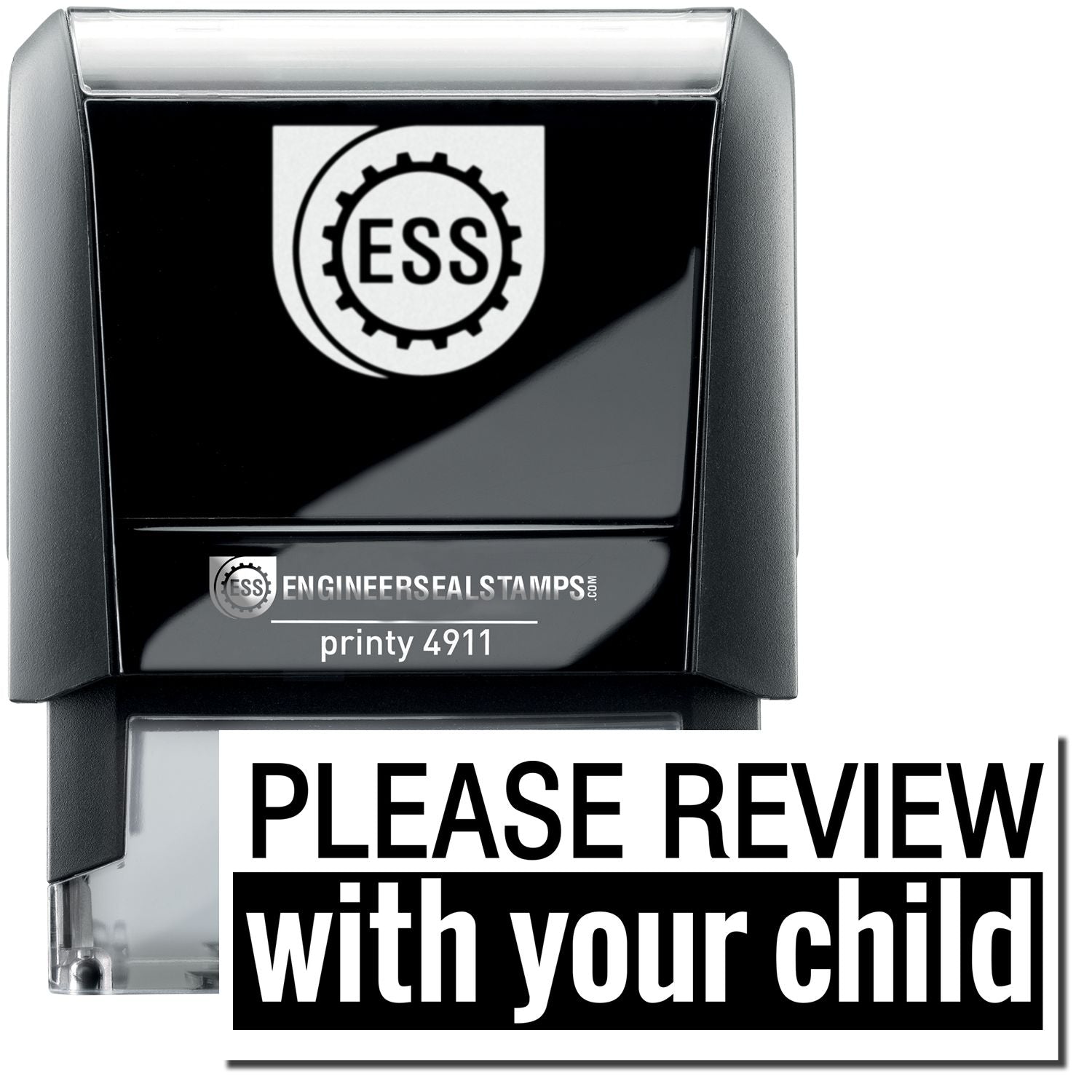 A self-inking stamp with a stamped image showing how the text "PLEASE REVIEW with your child" in a two-color format is displayed after stamping.