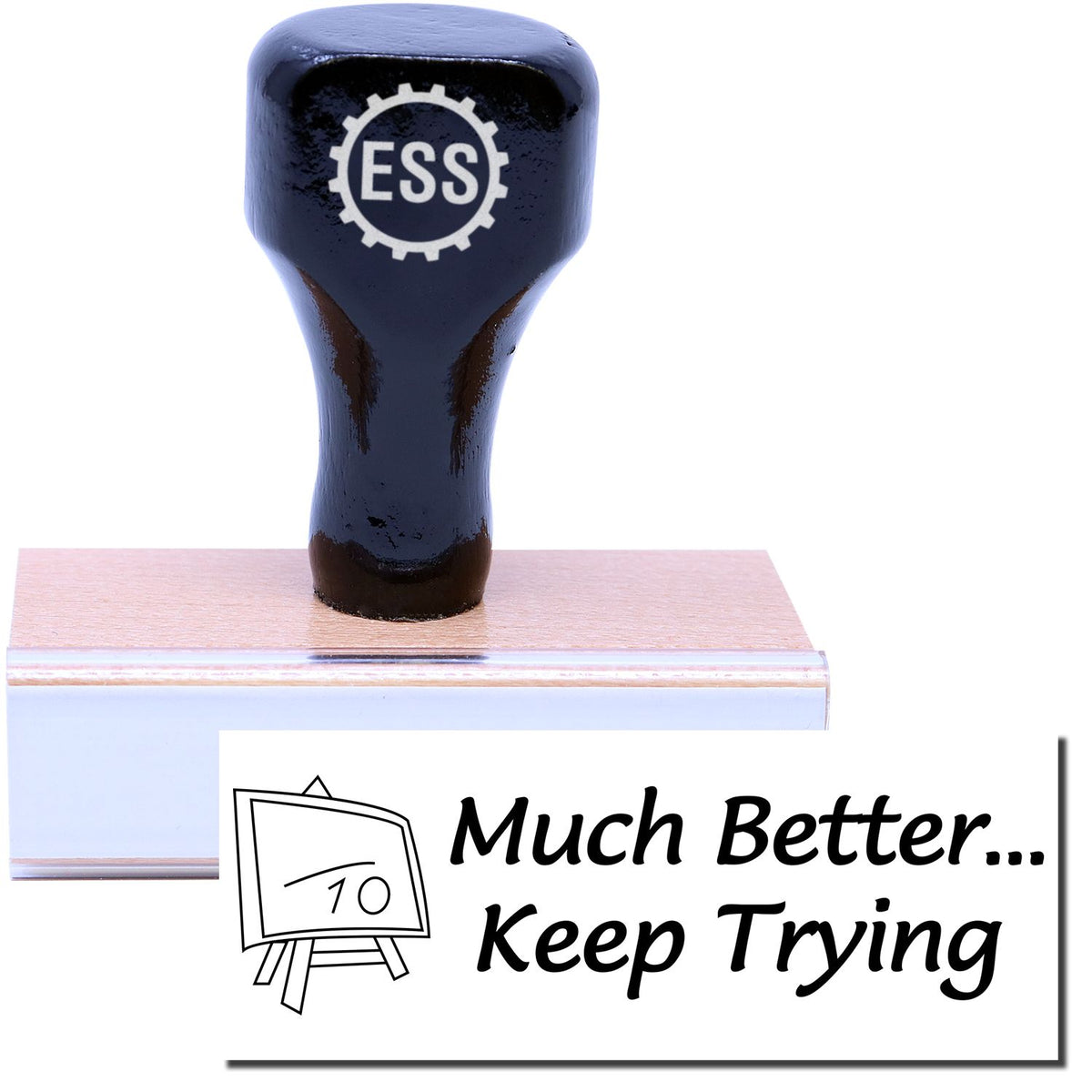 A stock office rubber stamp with a stamped image showing how the text &quot;Much Better... Keep Trying&quot; with a whiteboard showing a number 10 (with a line above it) on the left side is displayed after stamping.