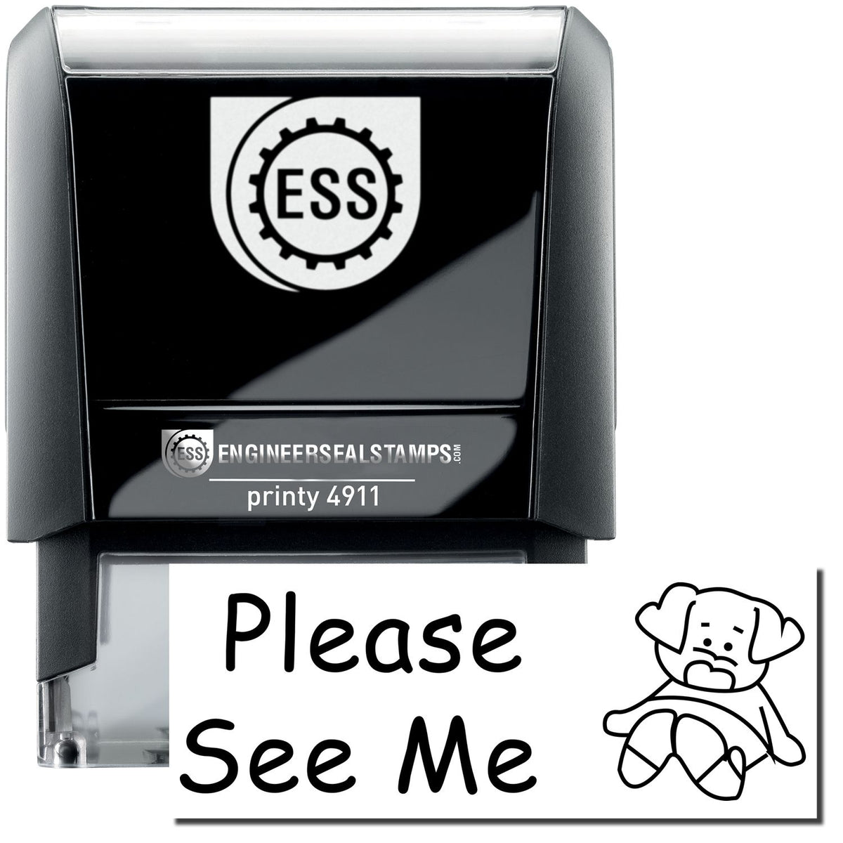 A self-inking stamp with a stamped image showing how the text &quot;Please See Me&quot; with a small image of a dog on the right side is displayed after stamping.