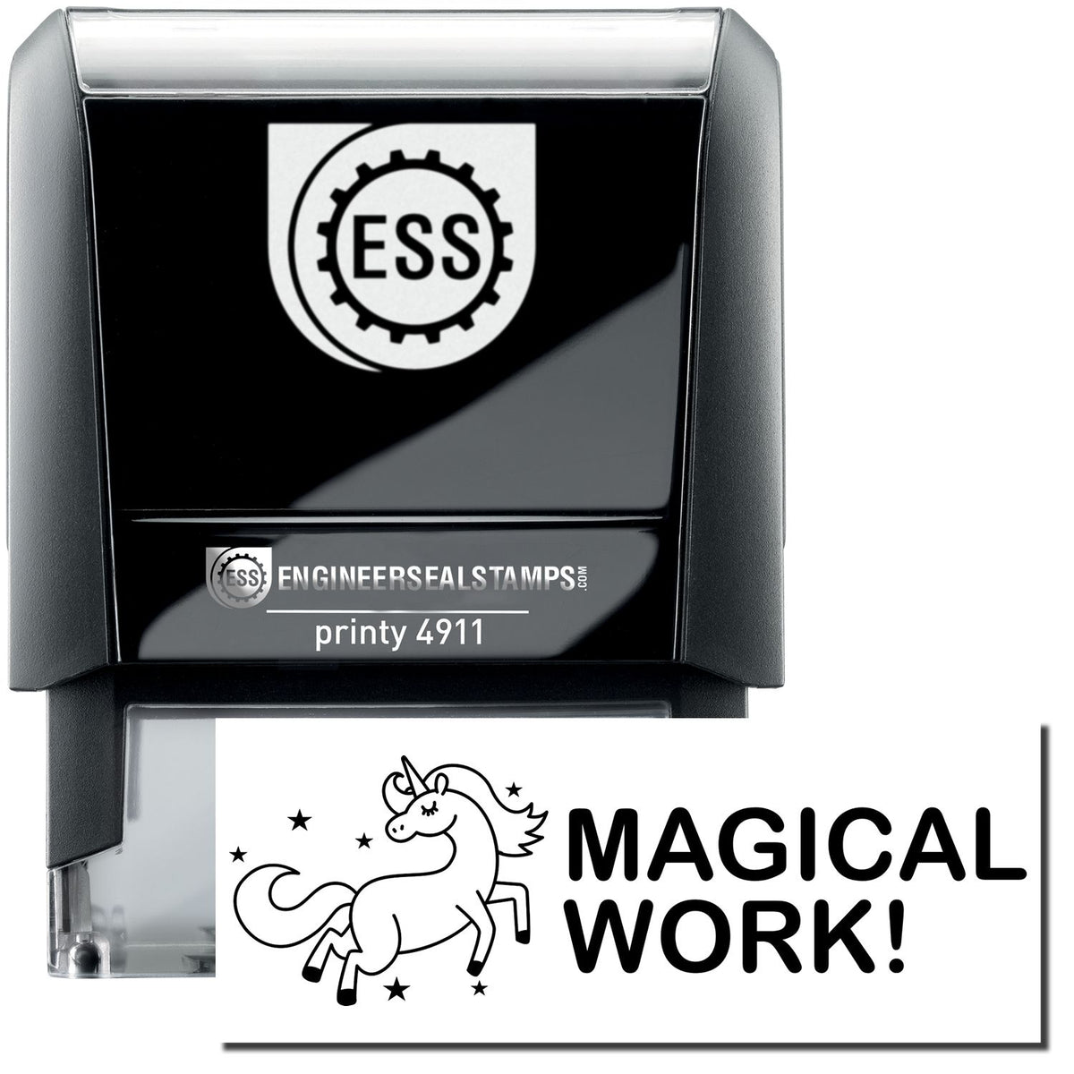 A self-inking stamp with a stamped image showing how the text &quot;MAGICAL WORK!&quot; with an image of a unicorn dancing among the stars on the left side is displayed after stamping.