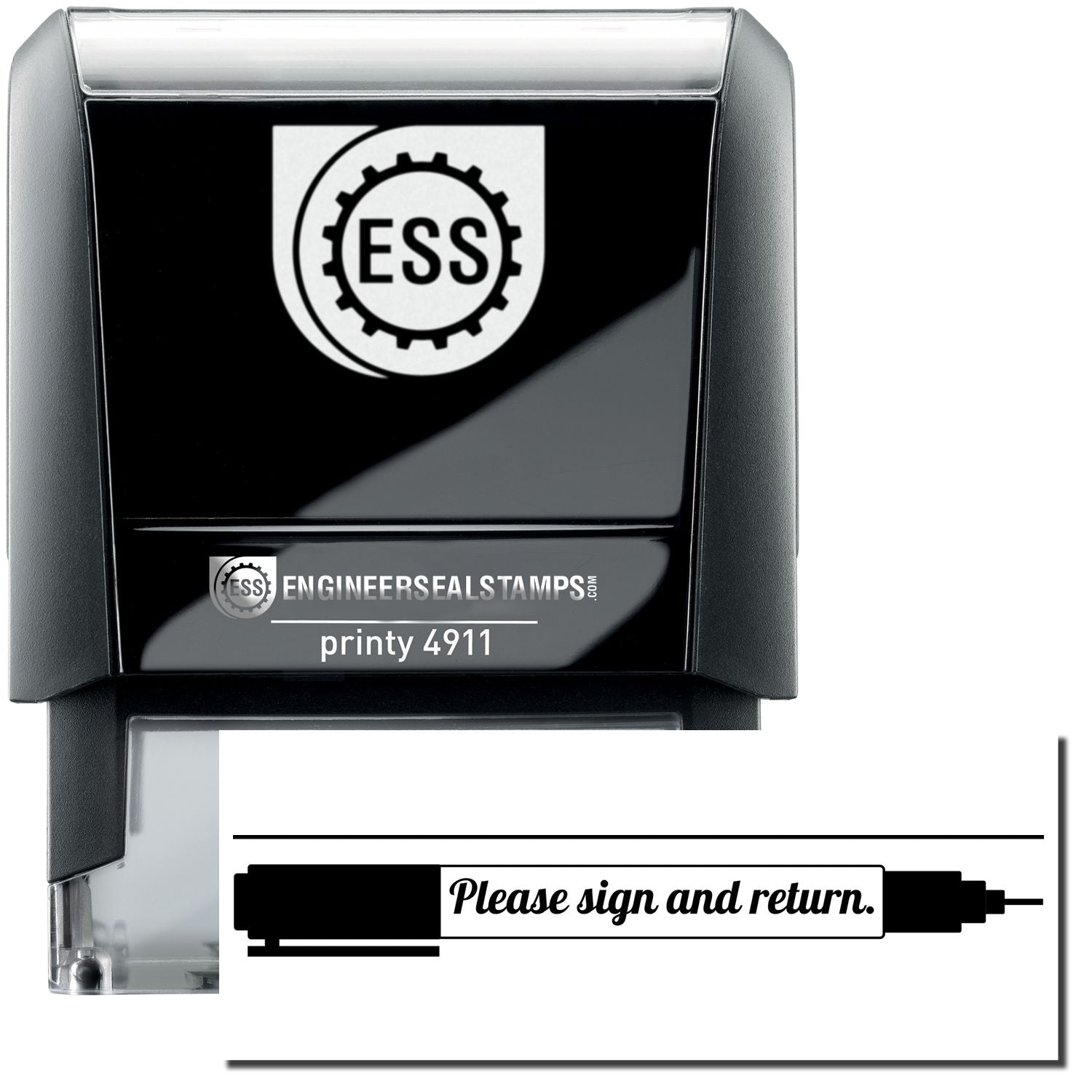 A self-inking stamp with a stamped image showing how the text "Please sign and return." (with an image of a pen and a line on the top of the text) is displayed after stamping.
